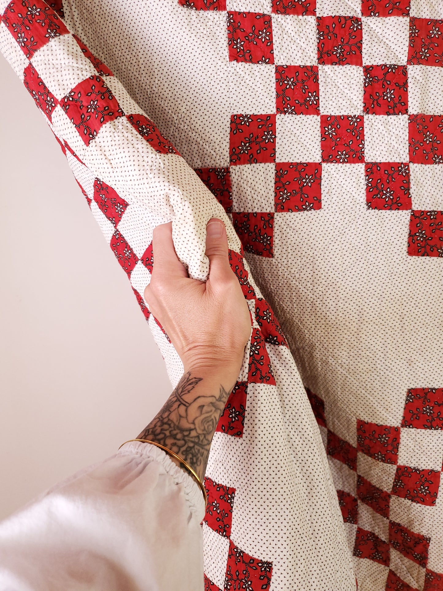 Antique Red and White Double Irish Chain Quilt, ca 1900