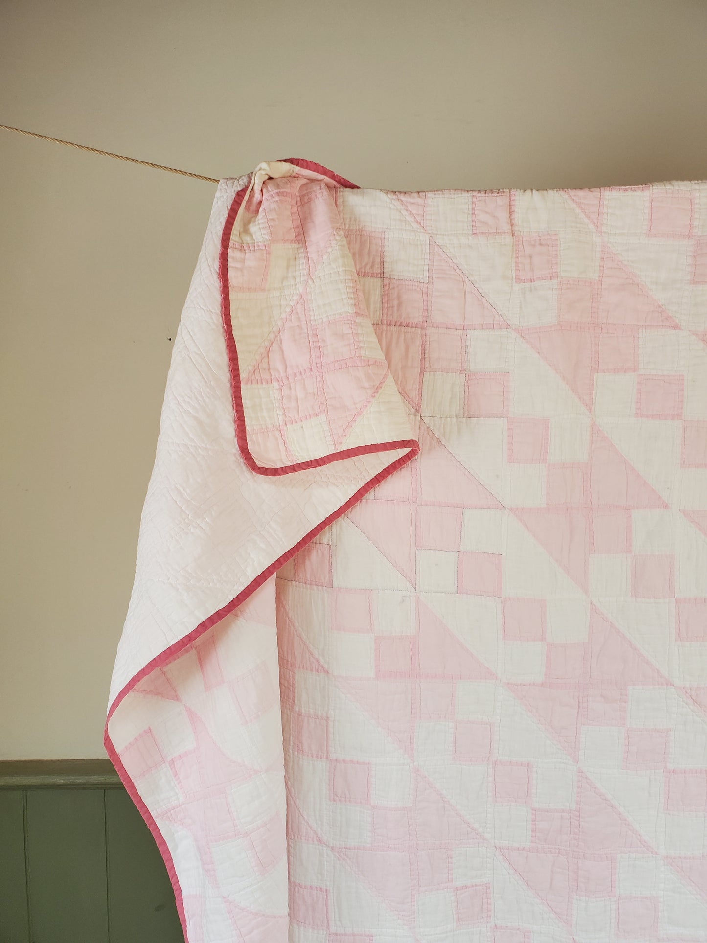 Pink and White Jacob's Ladder Vintage Quilt, ca 1950