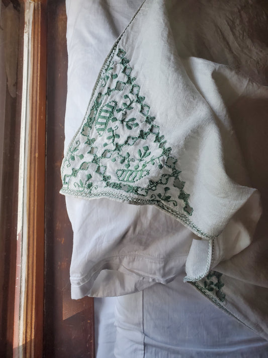 Green Embroidered Vintage Linen Tablecloth