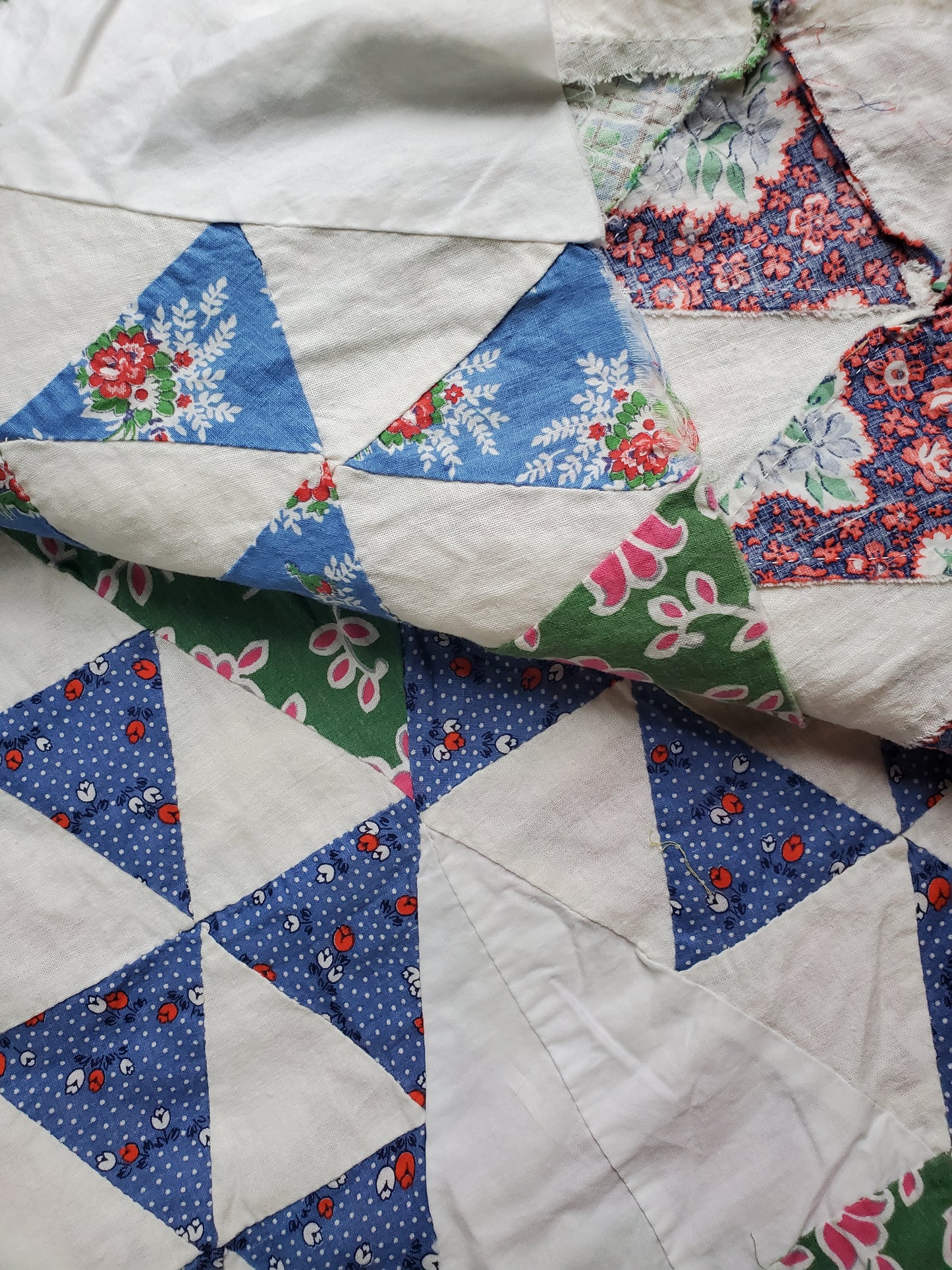 Vintage Half Triangle Feed Sack Quilt Top, ca 1950