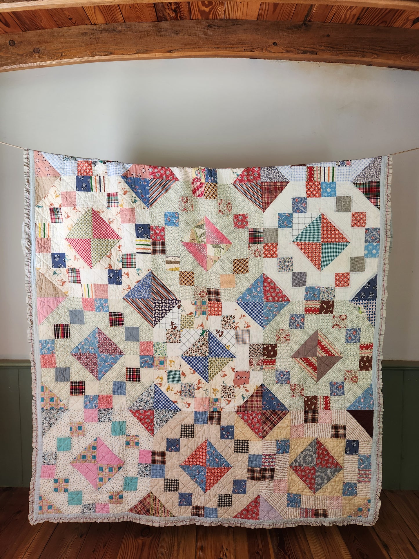 Unique Vintage Patchwork Quilt with Ruffles c1940