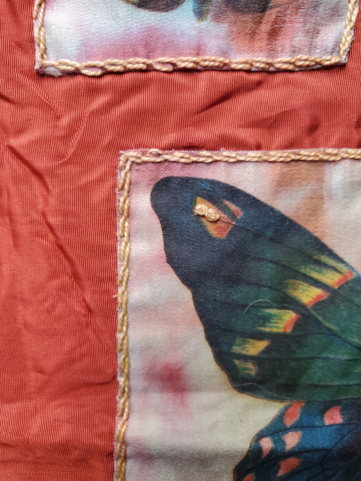 Small Antique Hand Stitched Butterfly Cigarette Silks Panel with Hand Embroidery