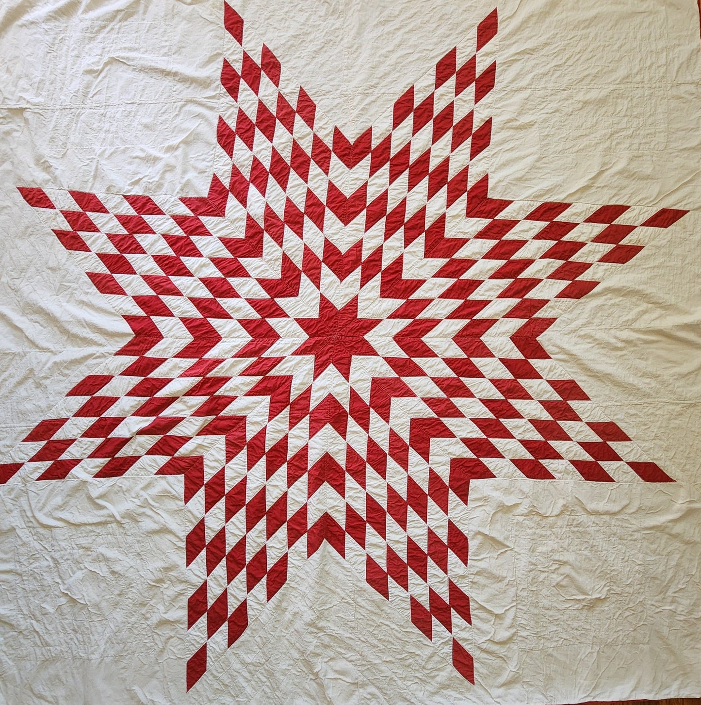Antique Red and White Lone Star Quilted Coverlet c1900