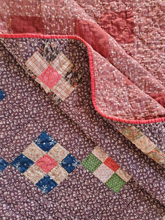 Antique Brown Calico 9 Patch Quilt, ca 1890