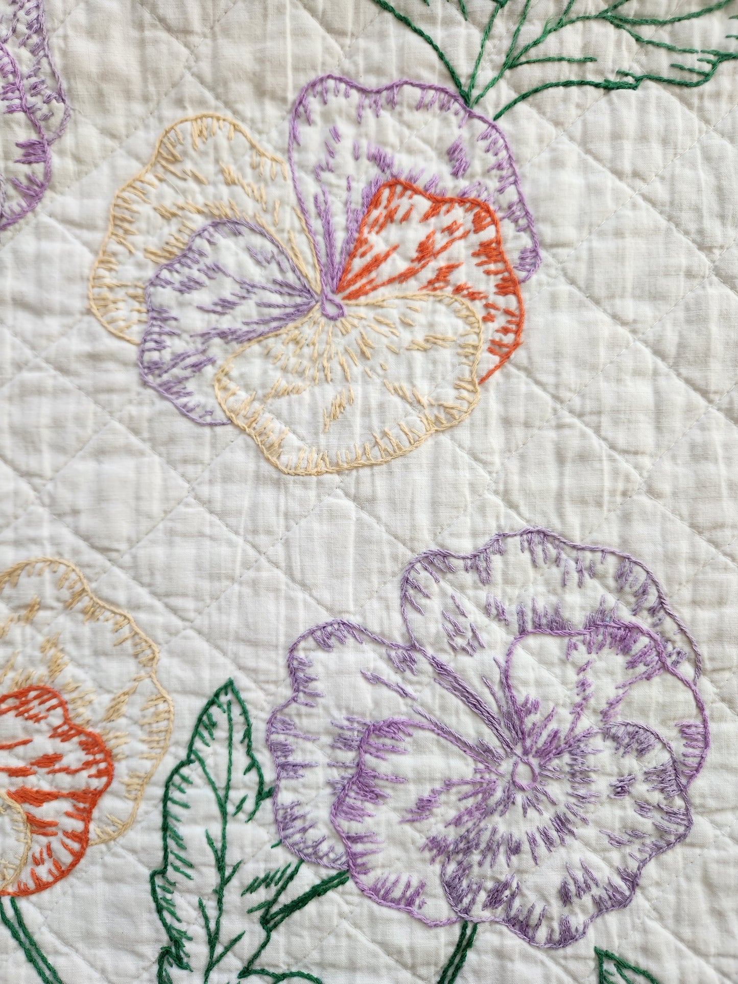 Vintage Pansy Embroidered Quilt c1940