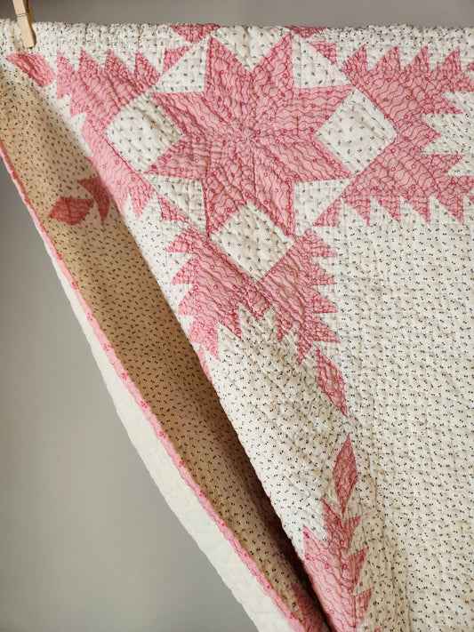 Antique Pink and White Feathered Star Quilt c1890