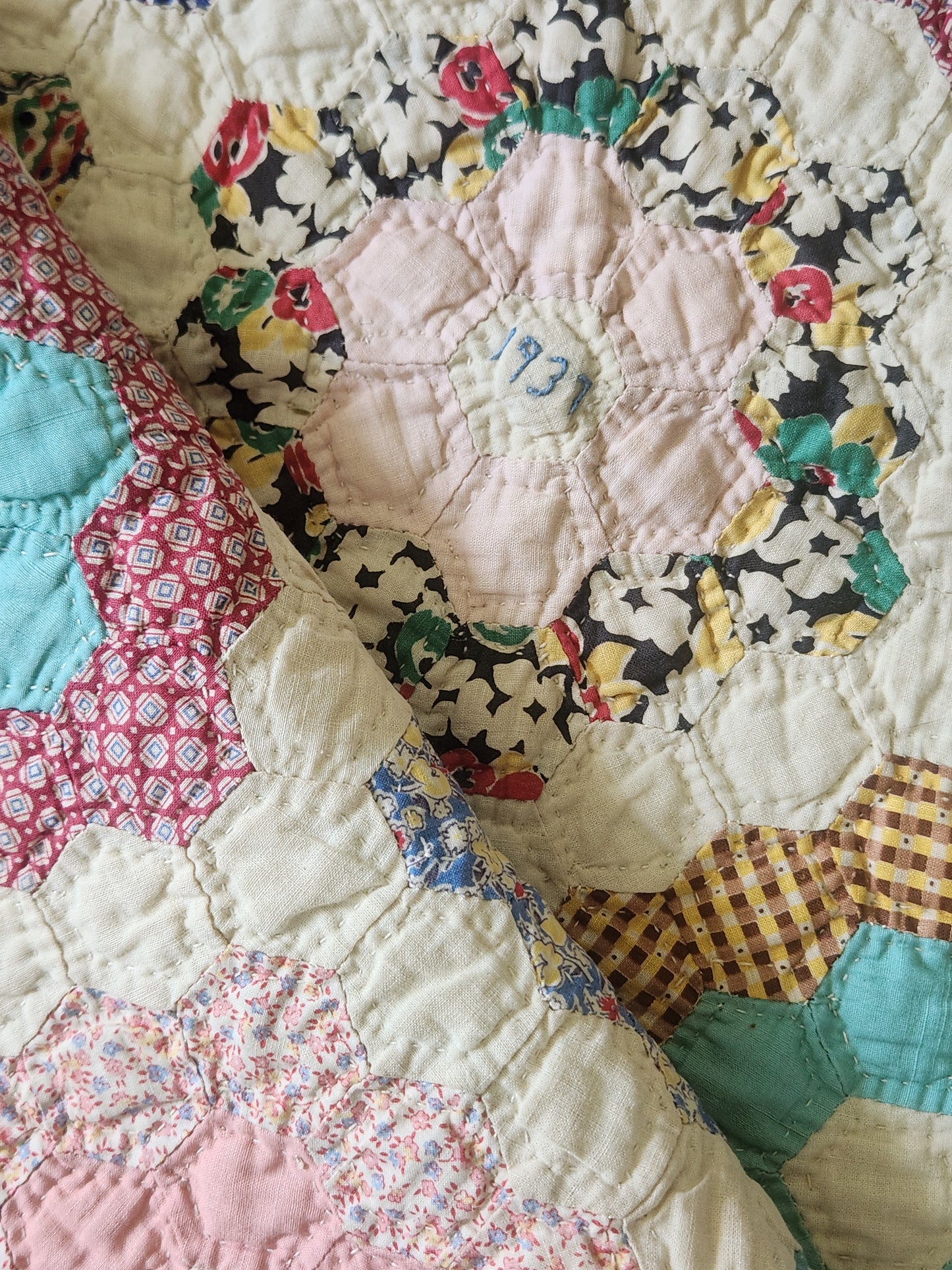 Grandmother's Flower Garden Quilt, dated 1937