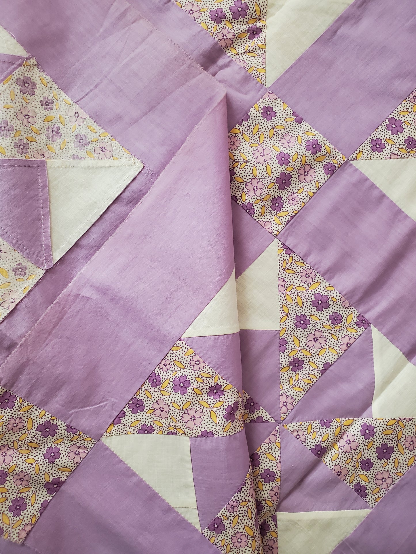 Lavender Floral Pinwheel Quilt Top, ca 1930