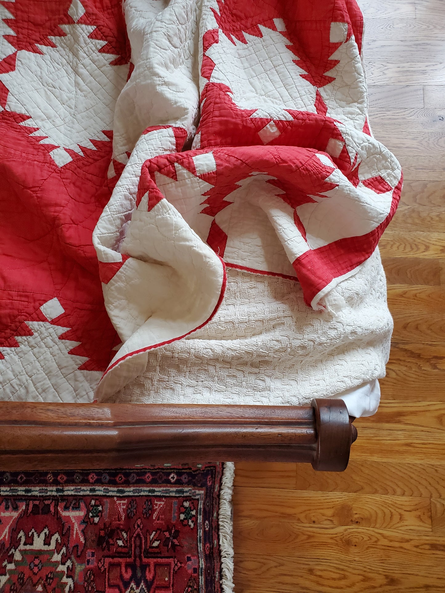 Turkey Red & White Feathered Star Antique Quilt, ca 1900