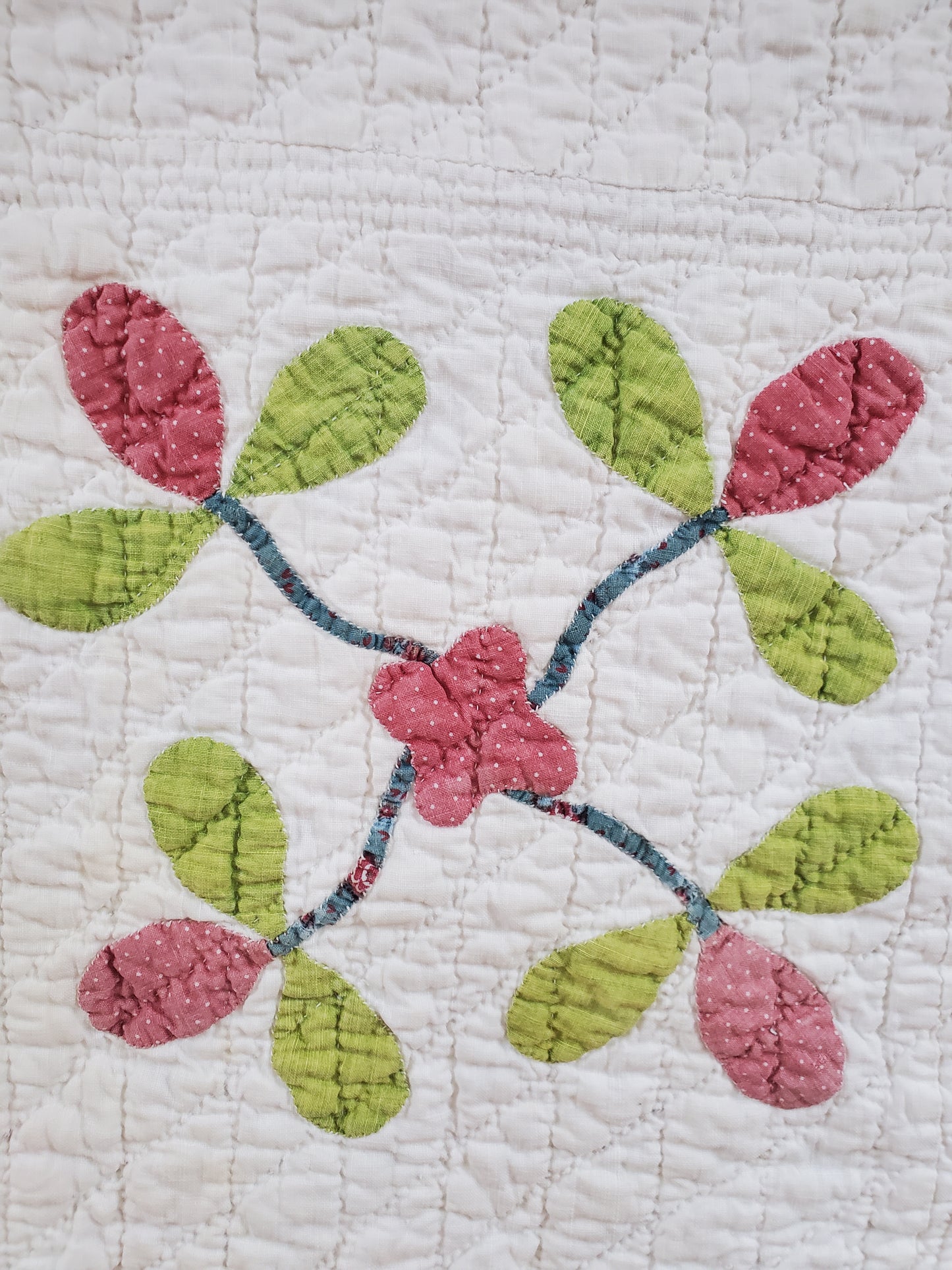 19th Century Pink & Green Antique Rose Wreath Applique Quilt