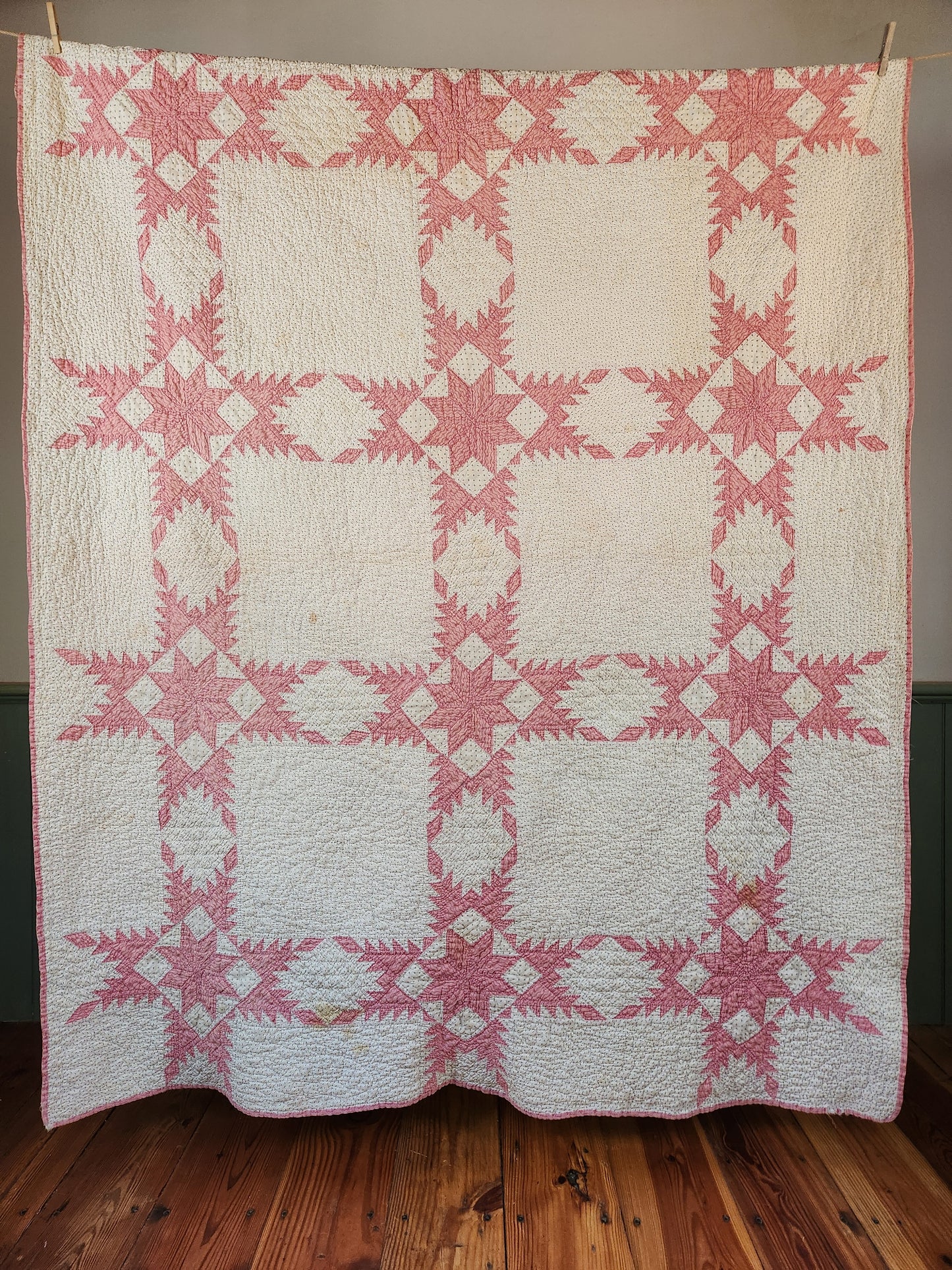 Antique Pink and White Feathered Star Quilt c1890