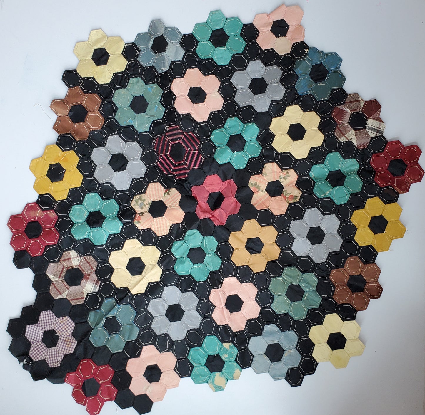 Small Section of Paper-pieced Silk Hexagon Flower Quilt with Antique Letters