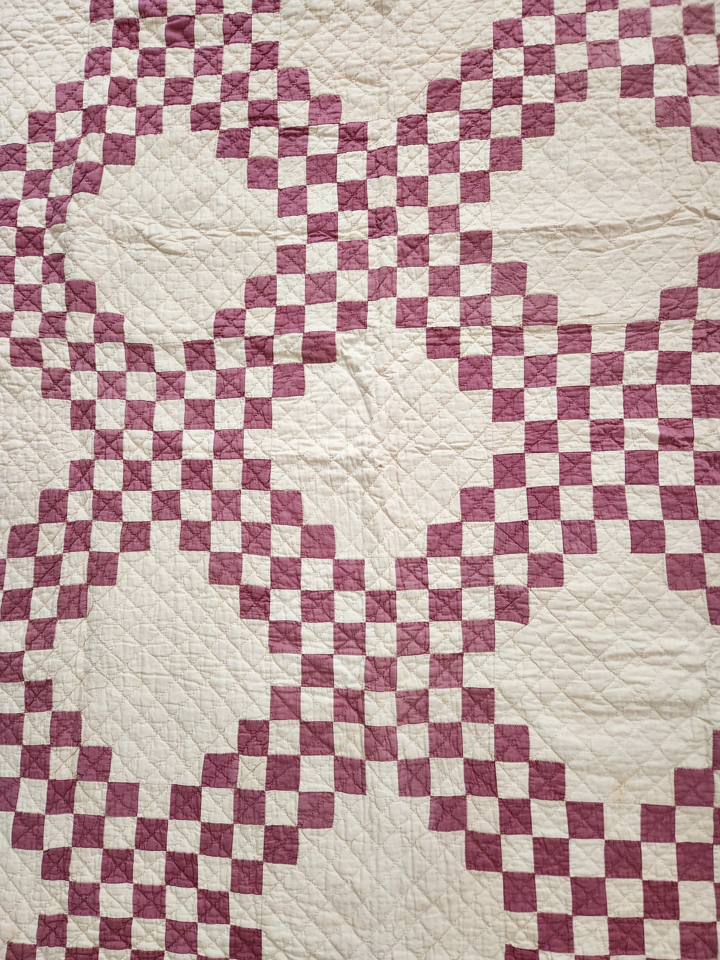 Cream & Burgundy Double Irish Chain Vintage Quilt