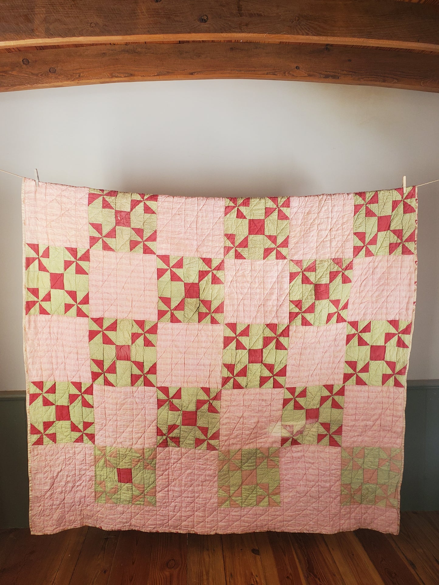 Hand Pieced Green, Pink, & Red Pinwheel Antique Quilt, 19th century