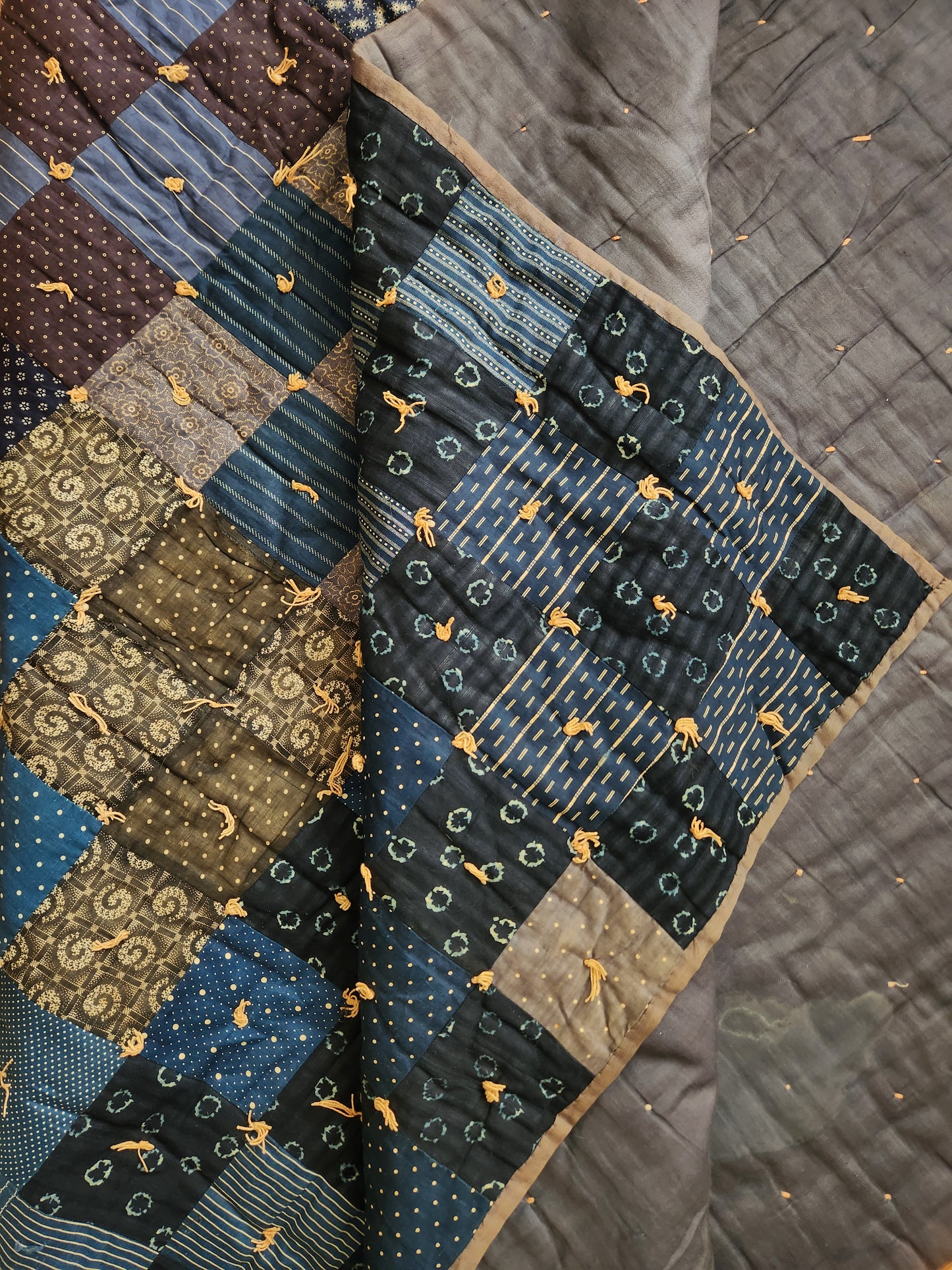 Antique Hand Tied Indigo Blue Patchwork Comforter Quilt