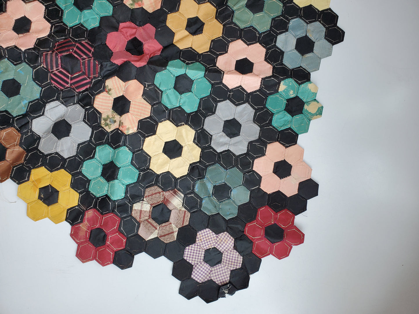 Small Section of Paper-pieced Silk Hexagon Flower Quilt with Antique Letters