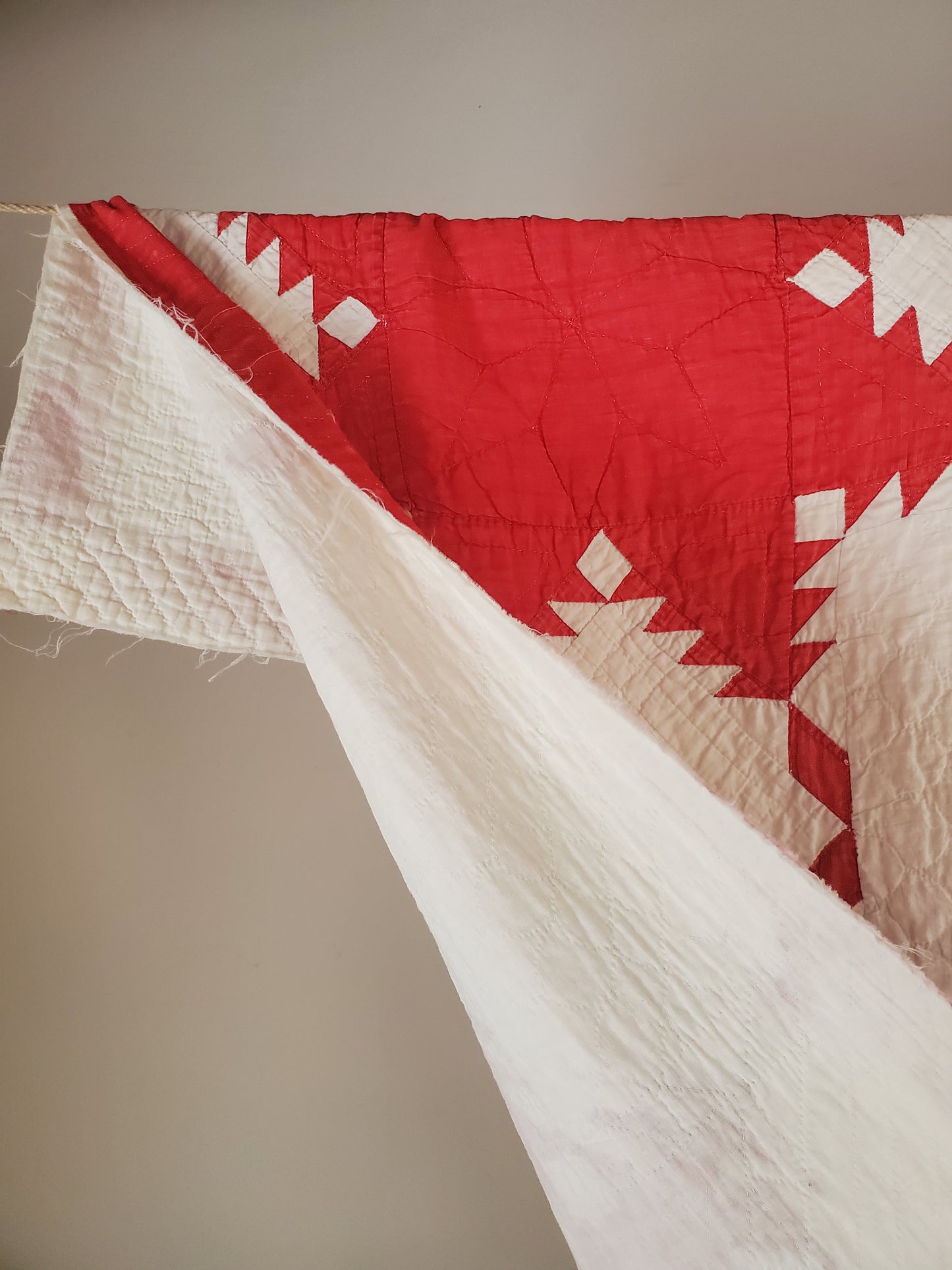 Turkey Red & White Feathered Star Antique Quilt, ca 1900