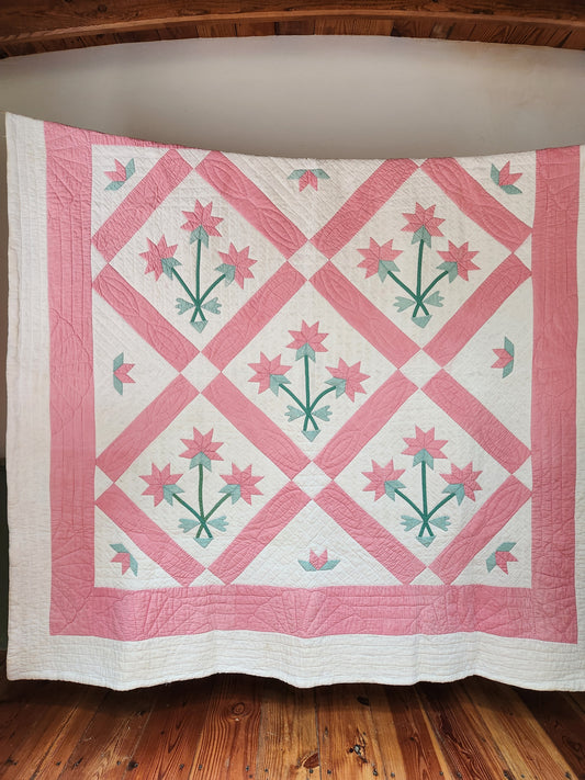 Pink and Green Lily Applique Quilt c1930