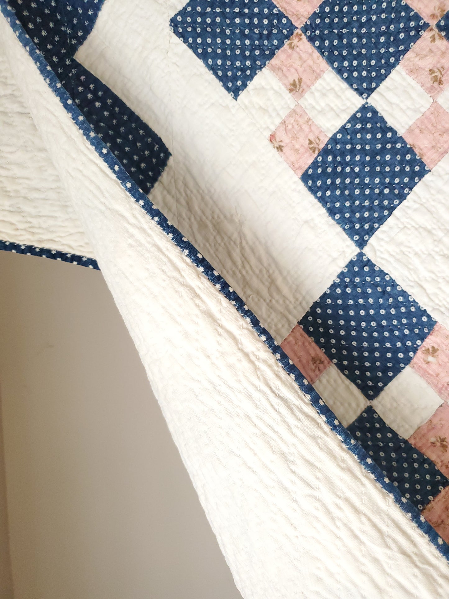 Gorgeous 19th Century Indigo & Pink Antique Quilt, Stamped Inscription