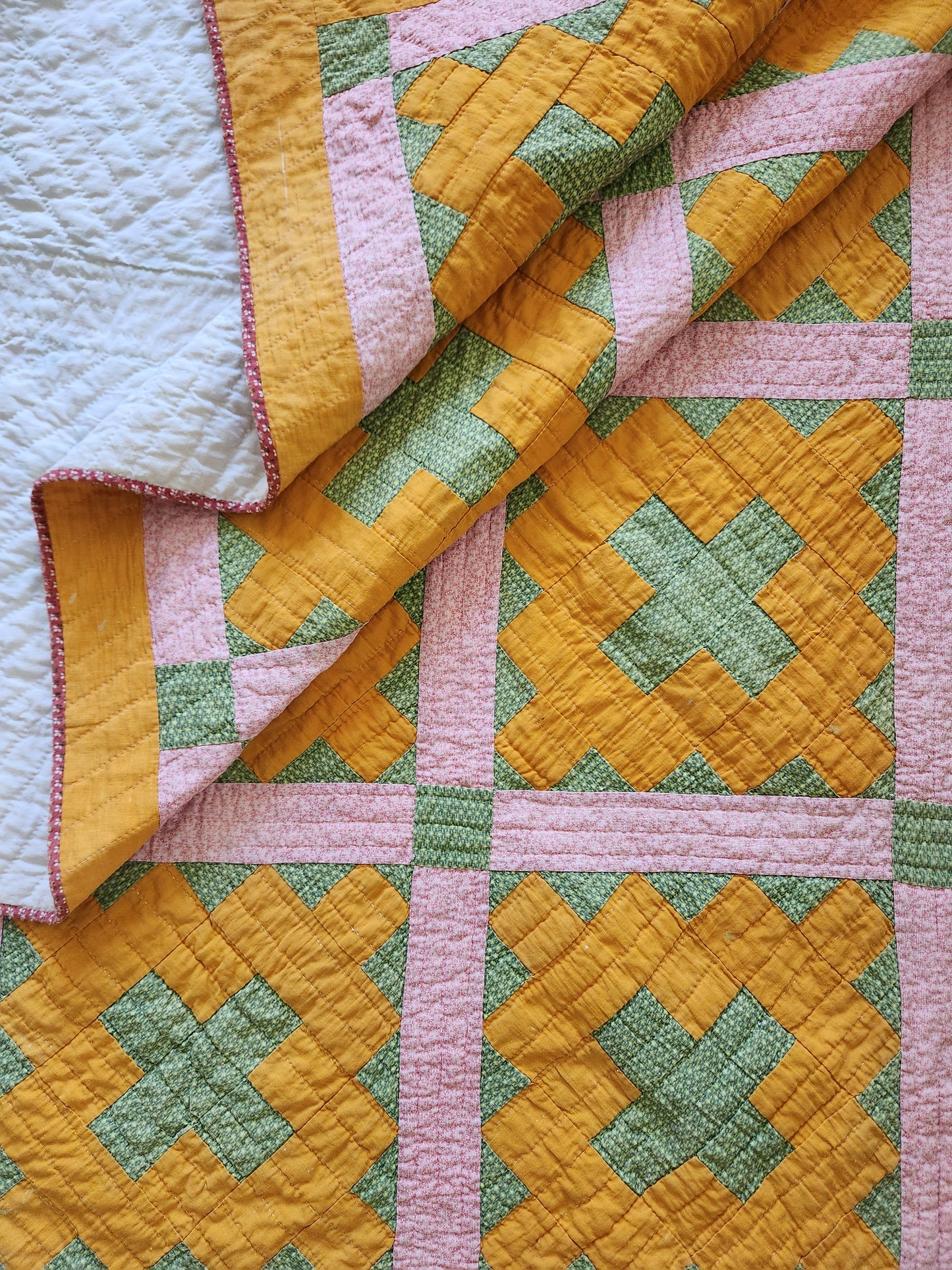 19th Century Pink, Chrome Orange, & Green Chimney Sweep Quilt