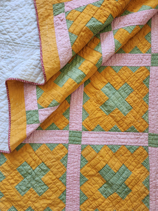 19th Century Pink, Chrome Orange, & Green Chimney Sweep Quilt