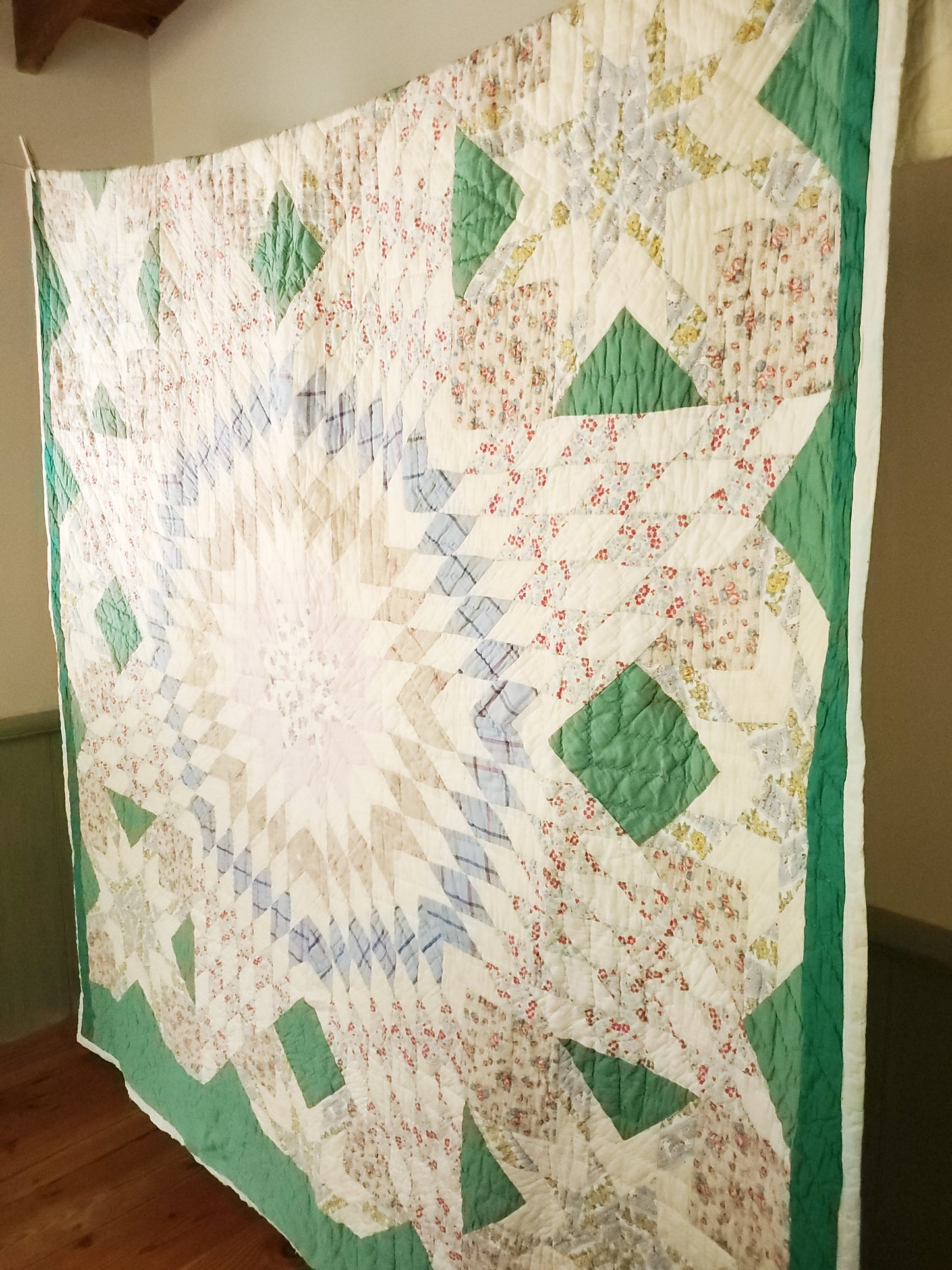 Vintage Feed Sack Lone Star Quilt, ca 1950