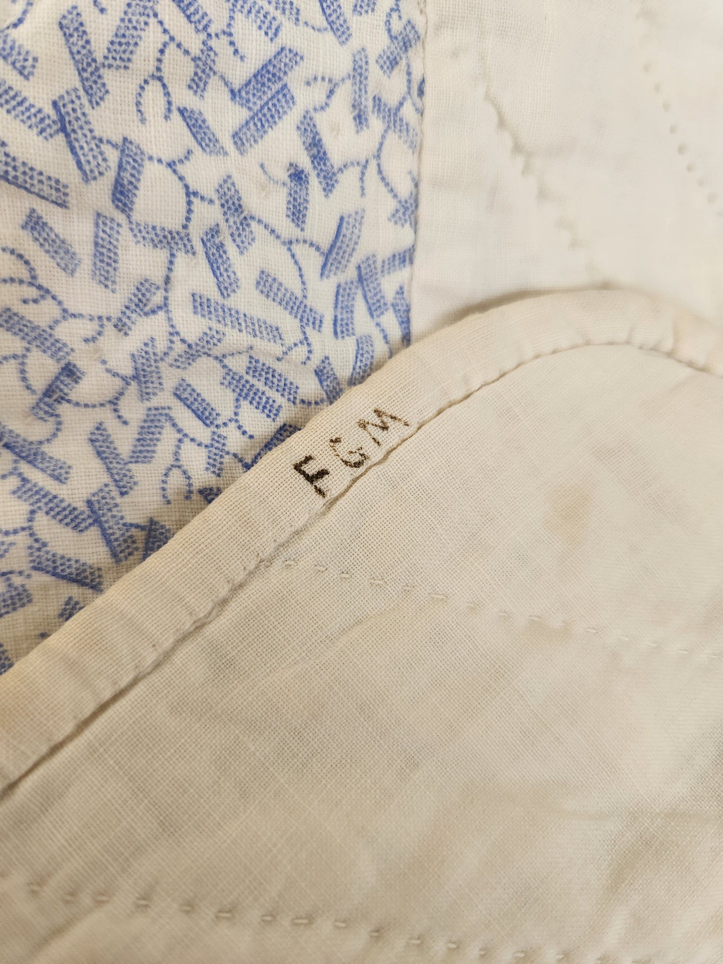 Blue and White Monogrammed Antique Quilt
