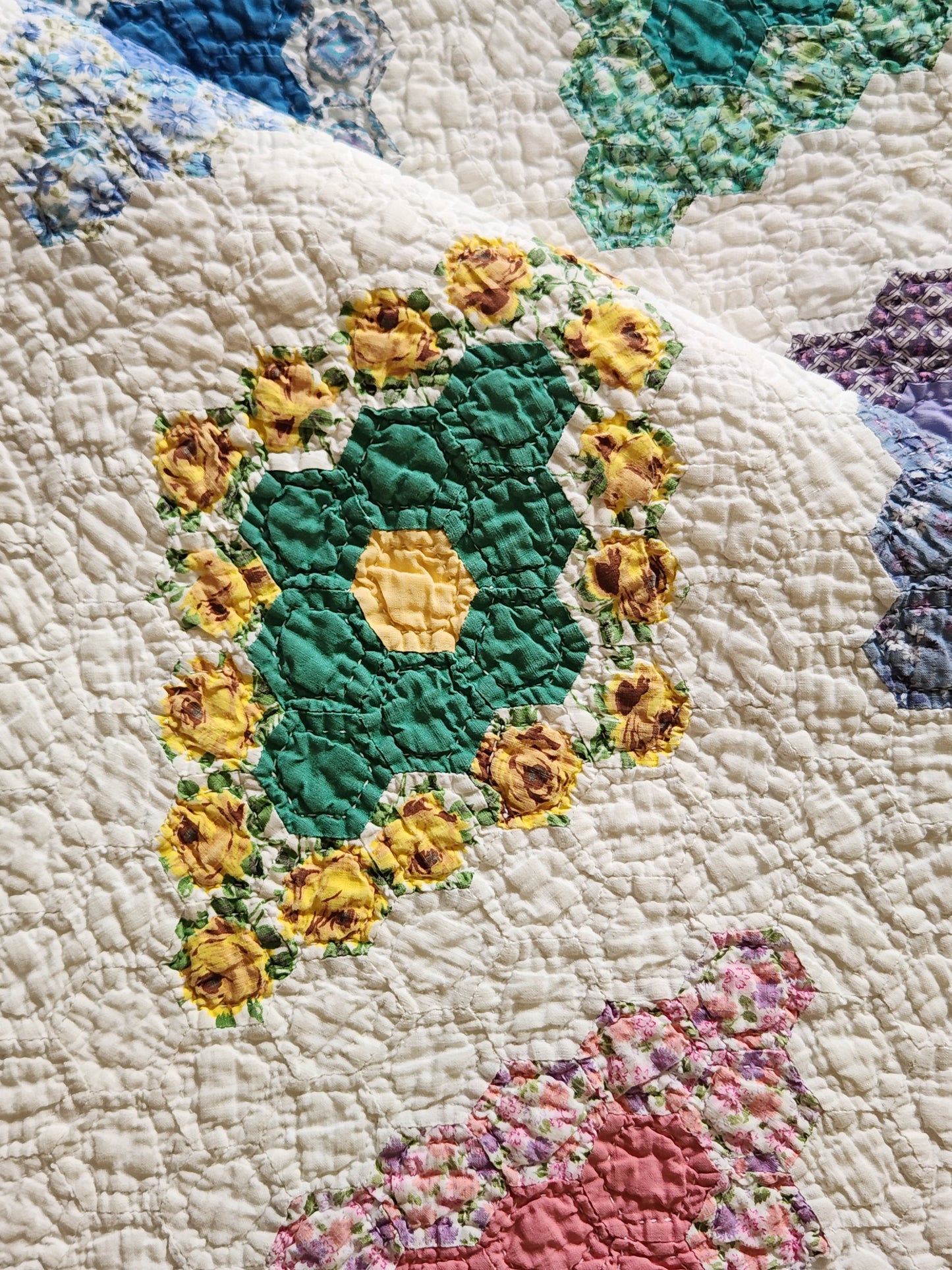 Vintage Hexagon Flower Quilt c1950