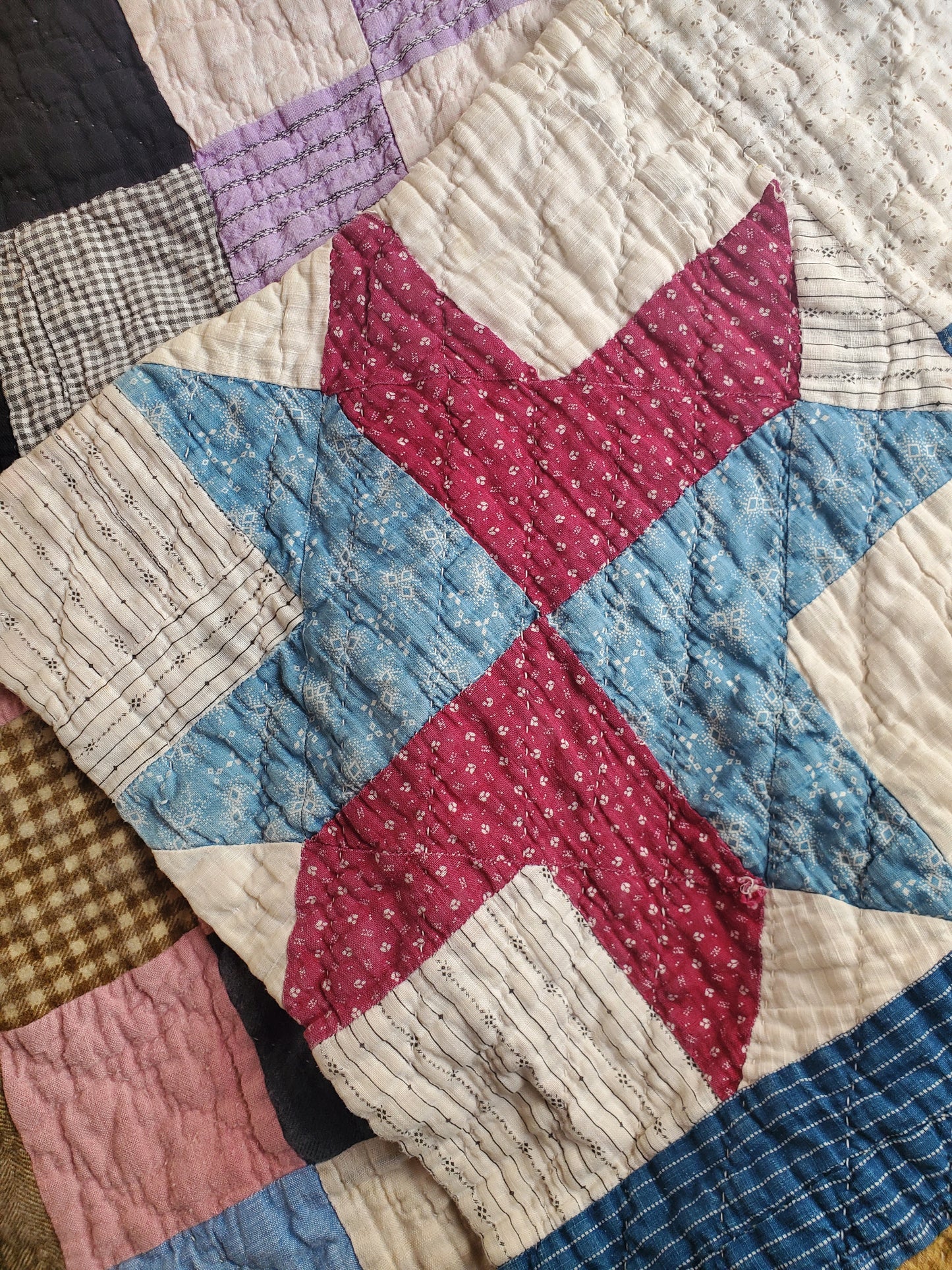 Patchwork Sampler Scrappy Double Sided Antique Quilt, ca 1900