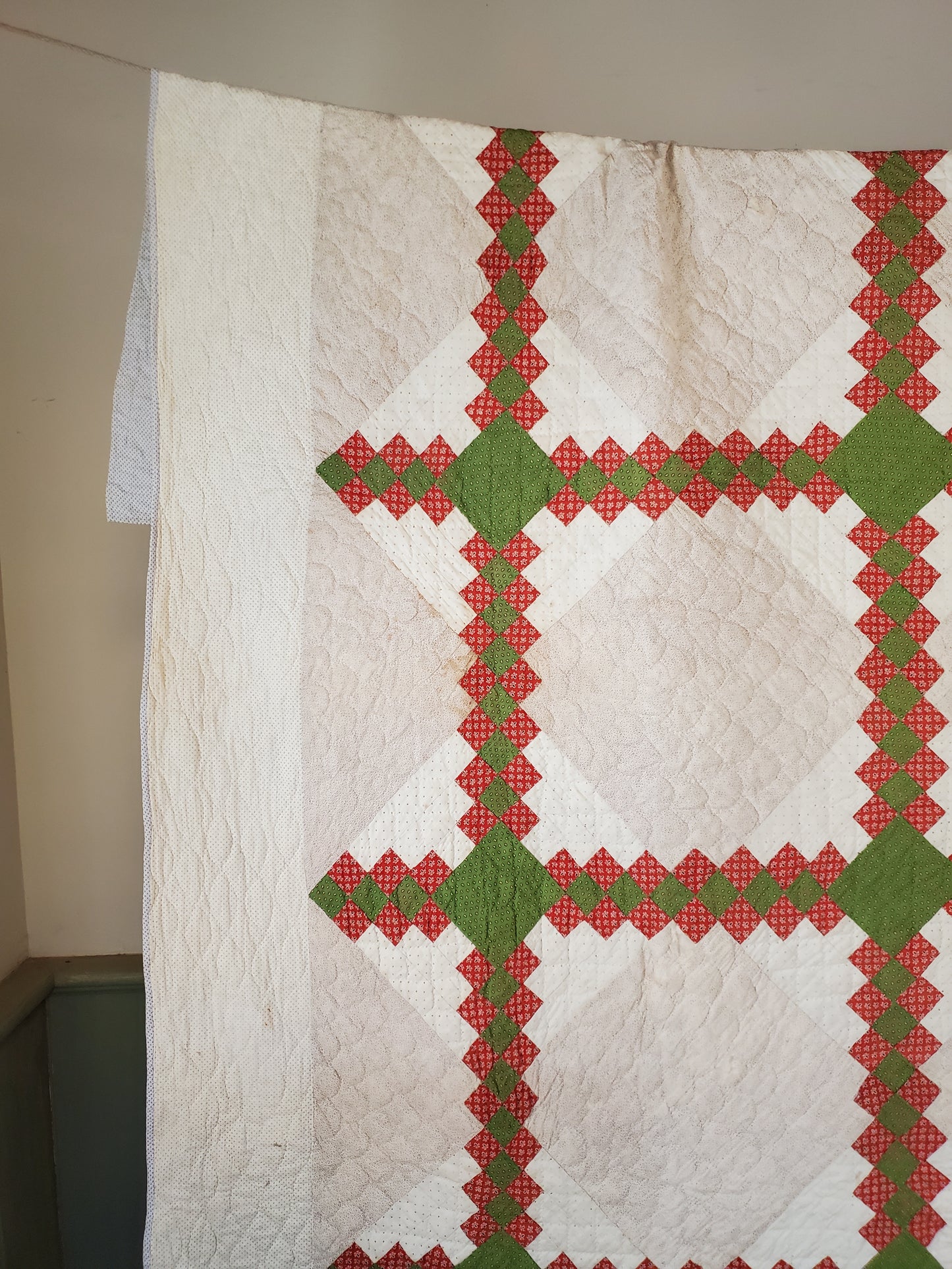 19th Century Red & Green Irish Chain Hand Pieced and Hand Quilted Antique Quilt