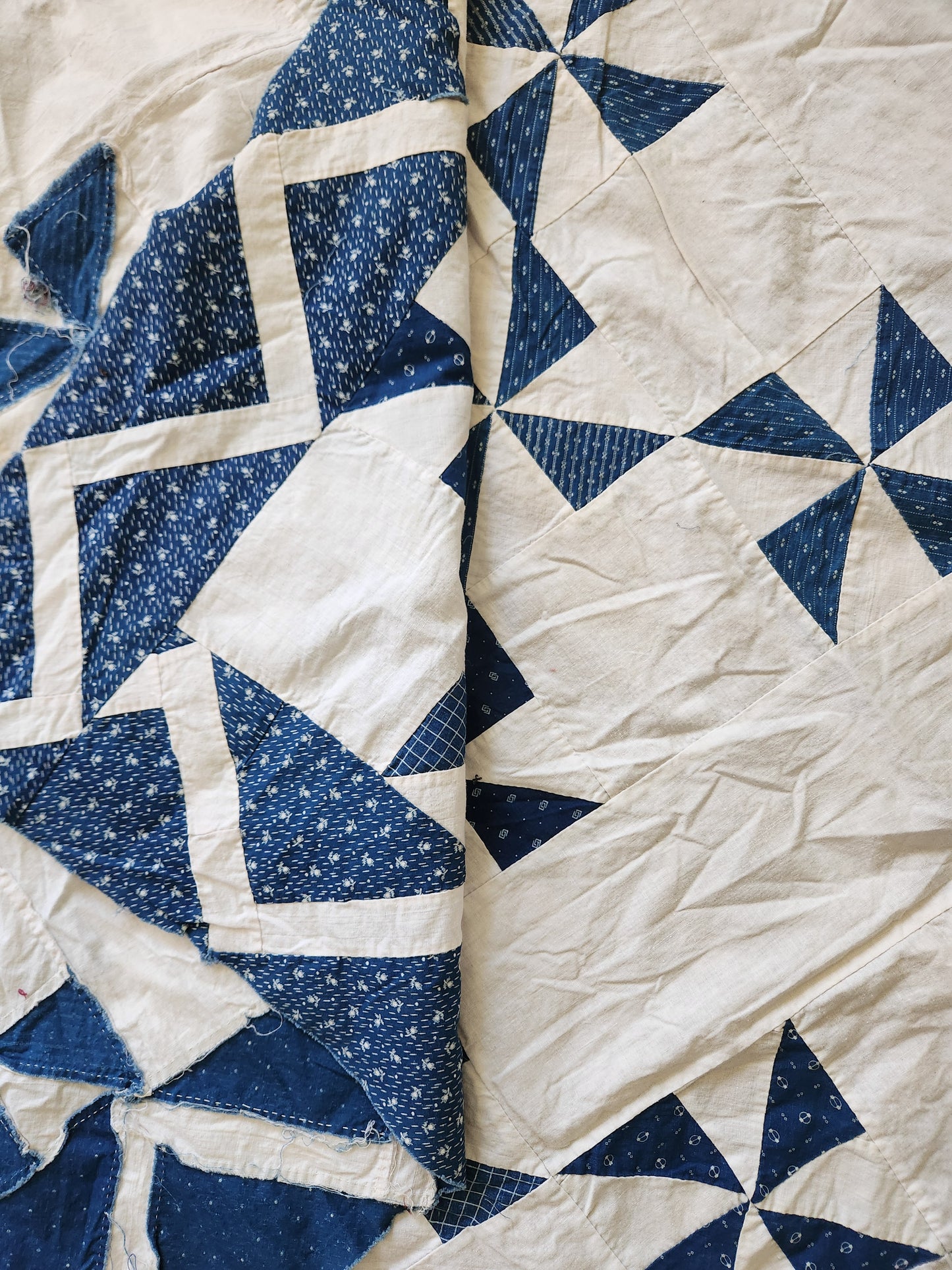 Antique Blue & White Pinwheel Quilt Top c1900