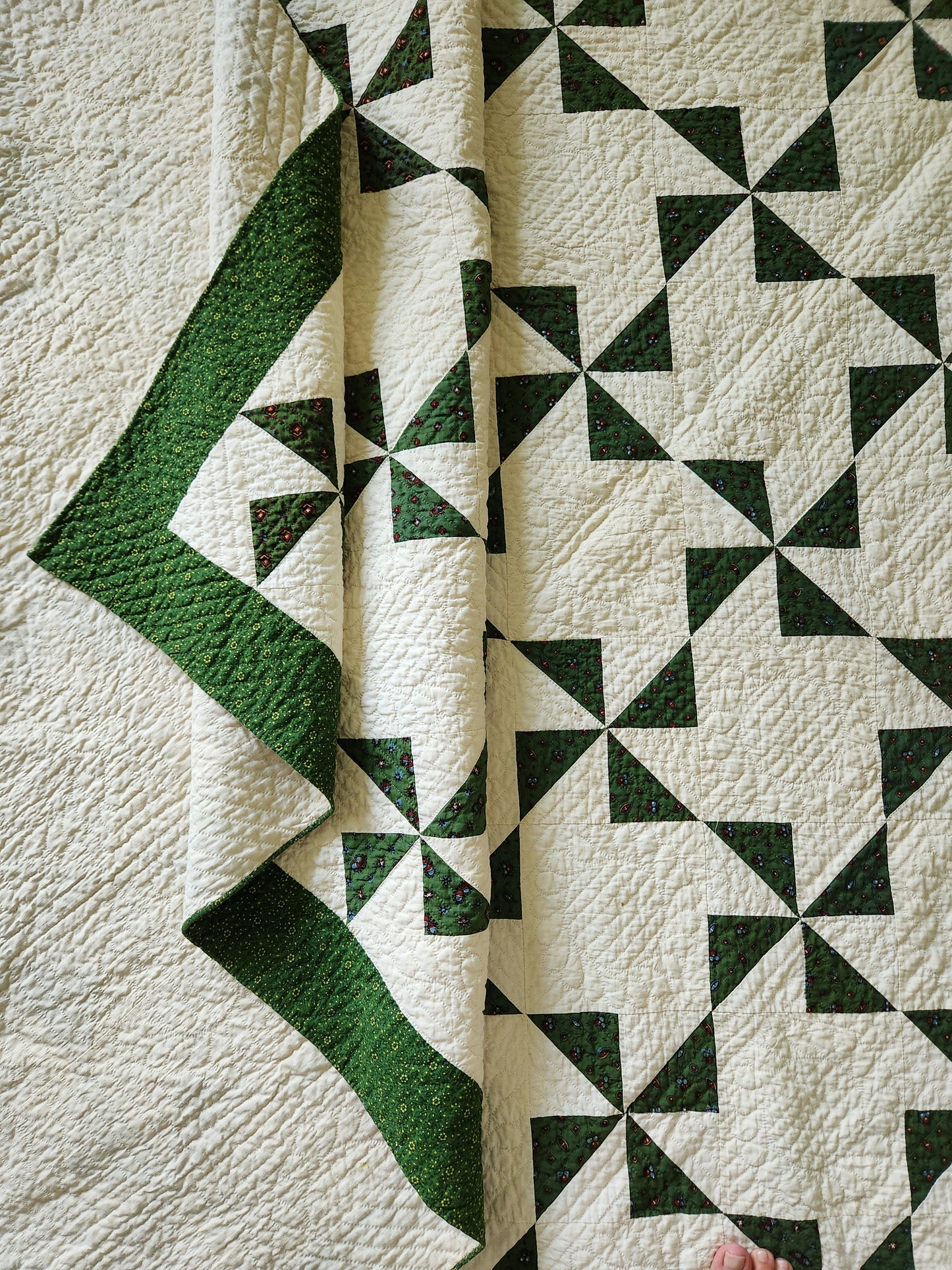 Antique Green & White Pinwheel Quilt c1840