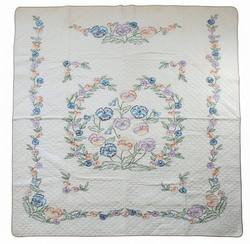 Vintage Pansy Embroidered Quilt c1940