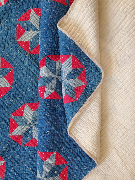 Stunning Red White & Blue Antique Star Quilt, ca 1900