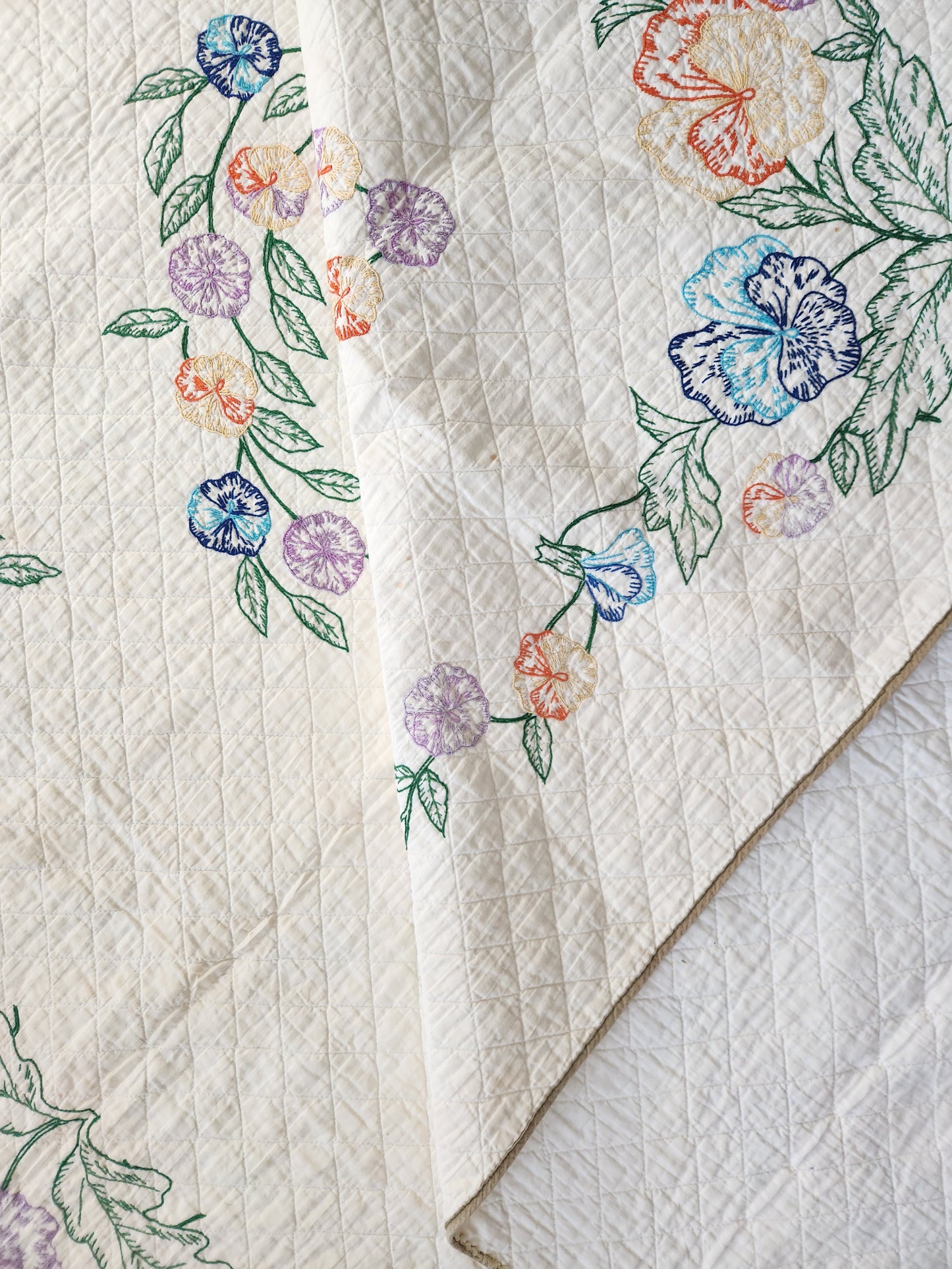Vintage Pansy Embroidered Quilt c1940