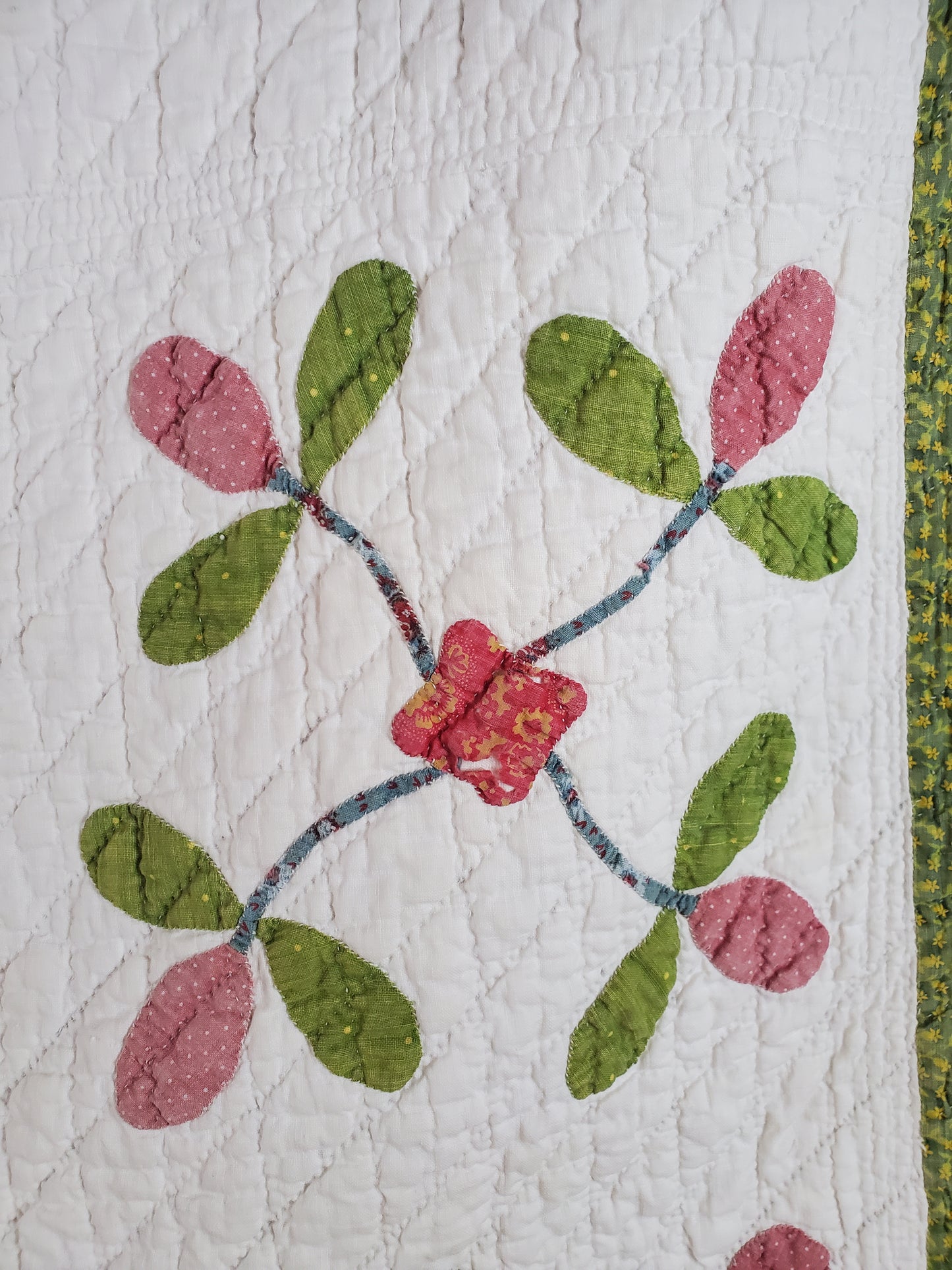 19th Century Pink & Green Antique Rose Wreath Applique Quilt