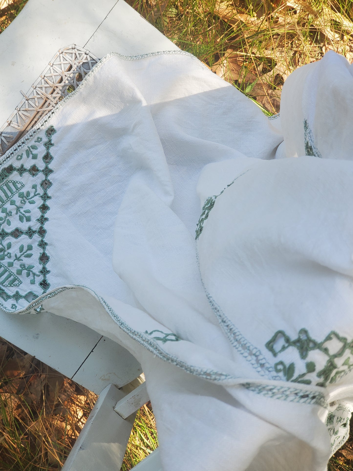 Green Embroidered Vintage Linen Tablecloth