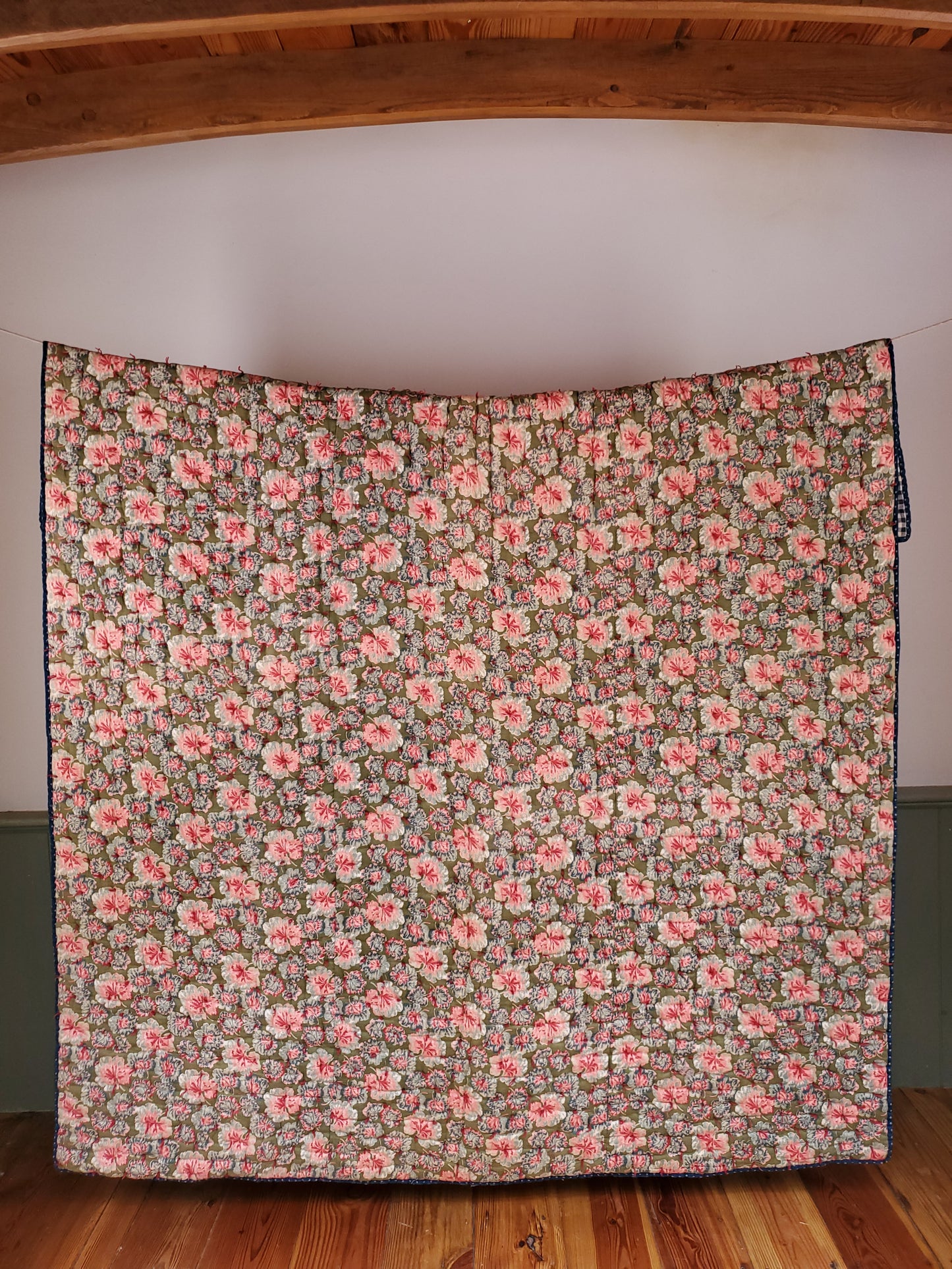 Antique Whole Cloth Geranium and Gingham Hand Tied Quilt