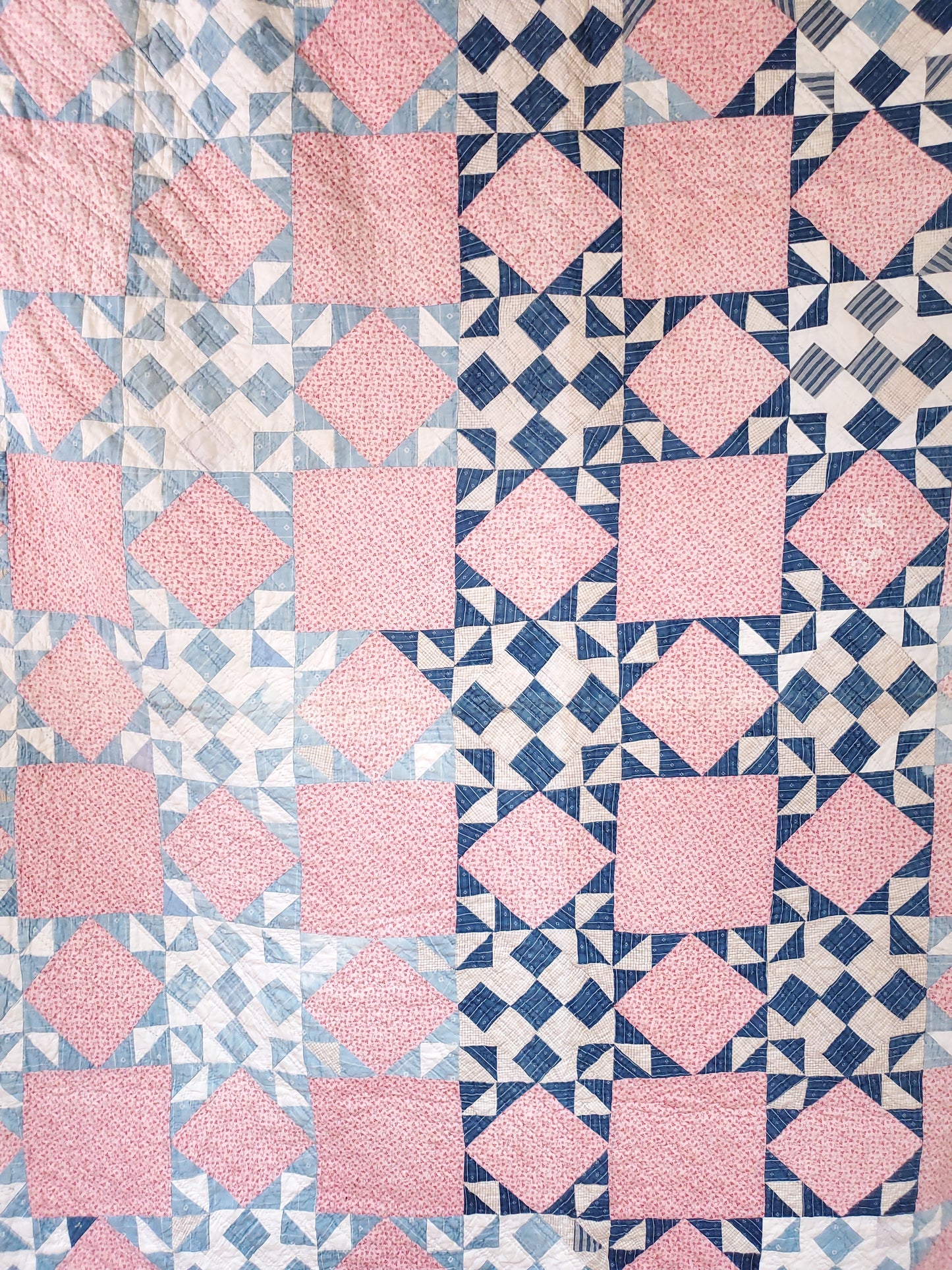 Antique Double Pink & Blues Quilt, ca 1900