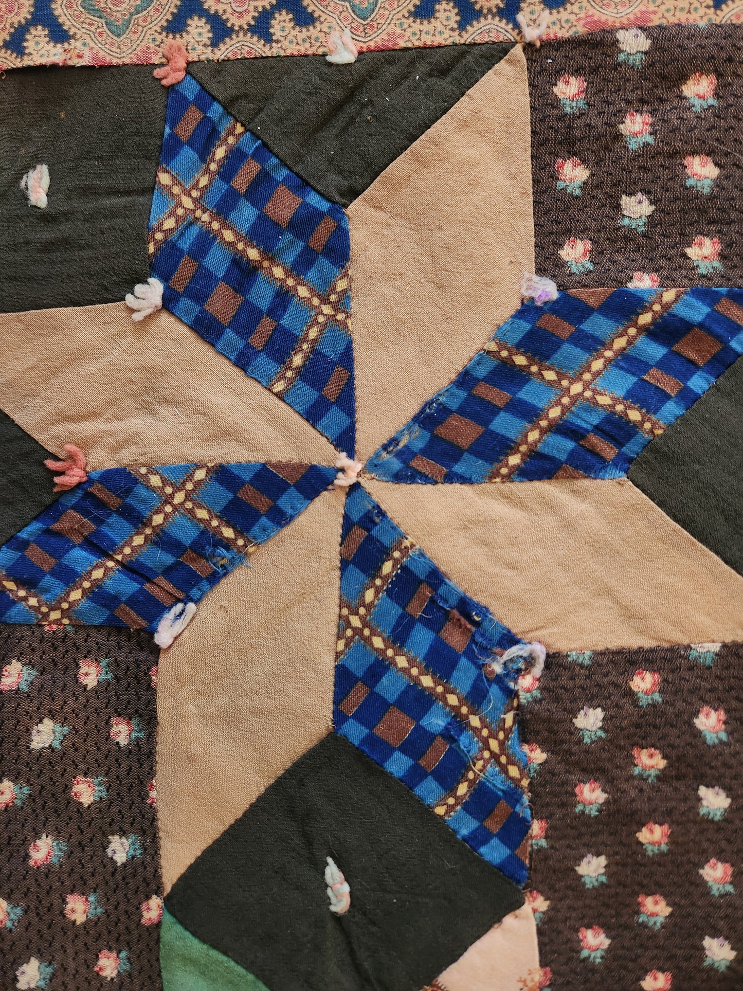 Antique 19th Century Woolen Crib Quilt Hand Tied Touching Stars