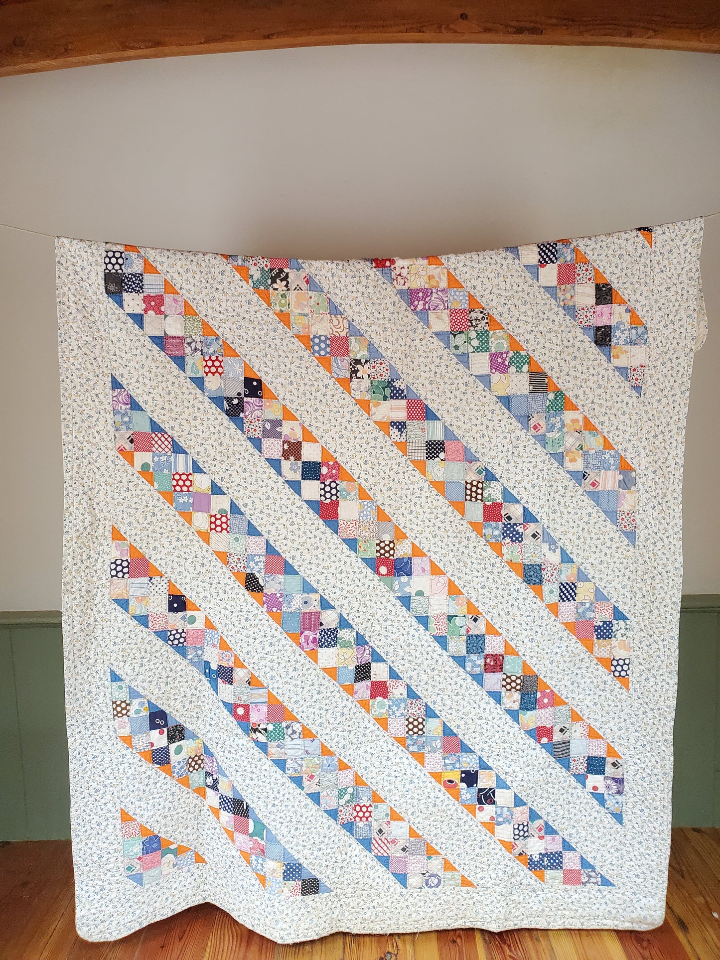 Vintage Feed Sack Diagonal Chain Quilt, ca 195