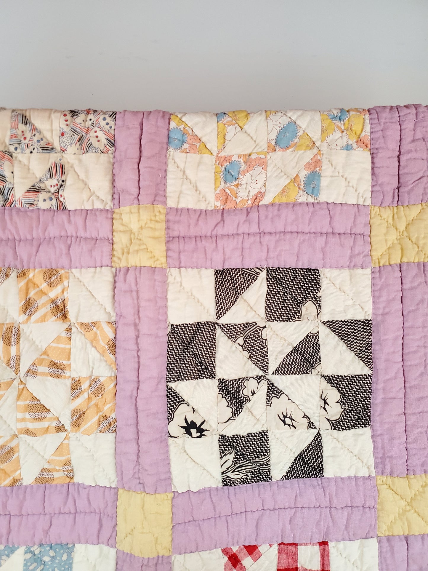 Vintage Purple Sashed Feed Sack Pinwheel Quilt, ca 1950