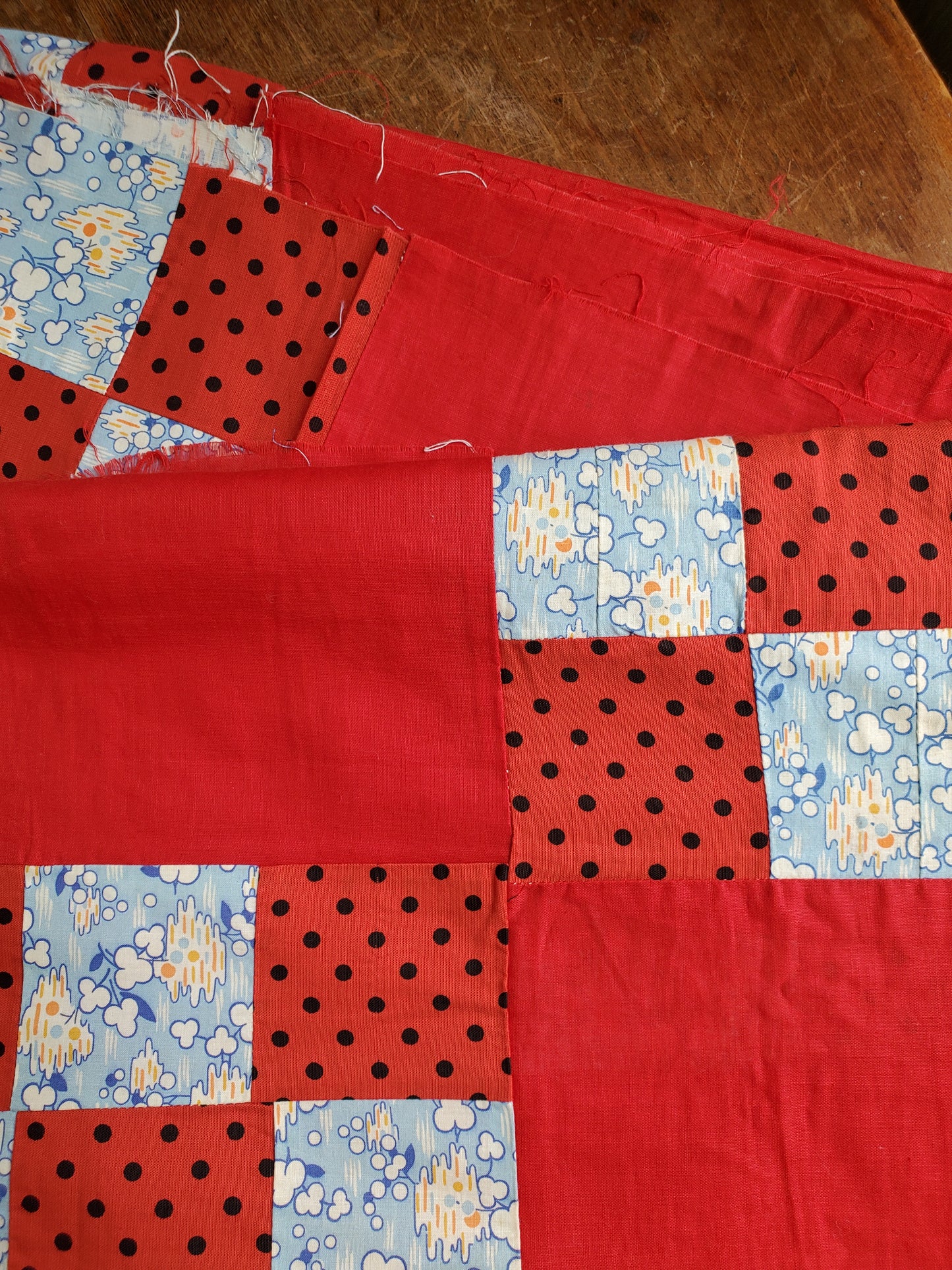 Red 16 Patch Vintage Quilt Top, ca 1950