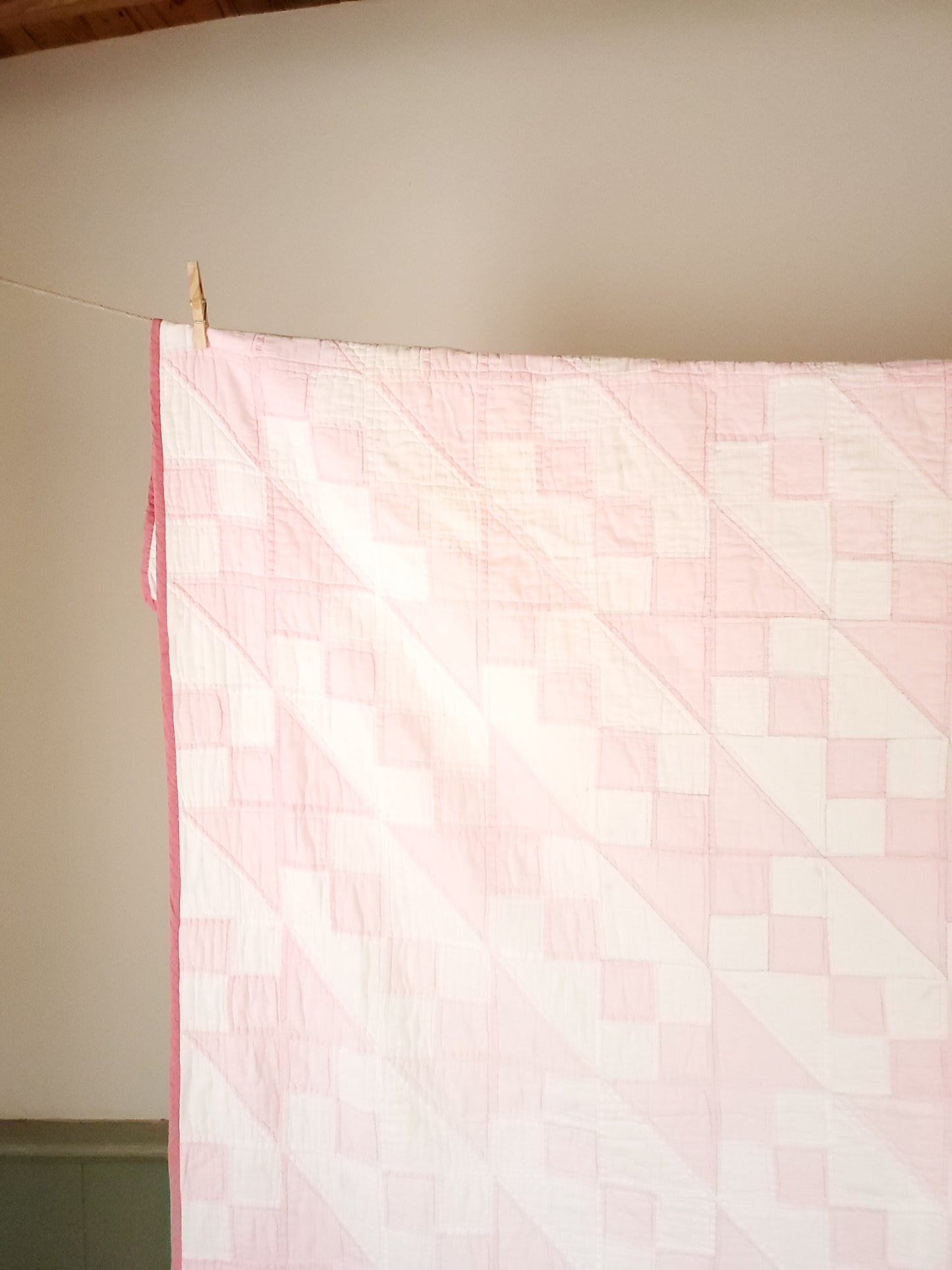 Pink and White Jacob's Ladder Vintage Quilt, ca 1950