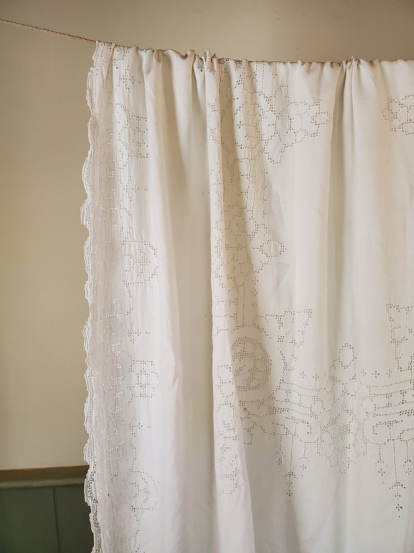 Heirloom Handmade Cutwork White Linen Tablecloth