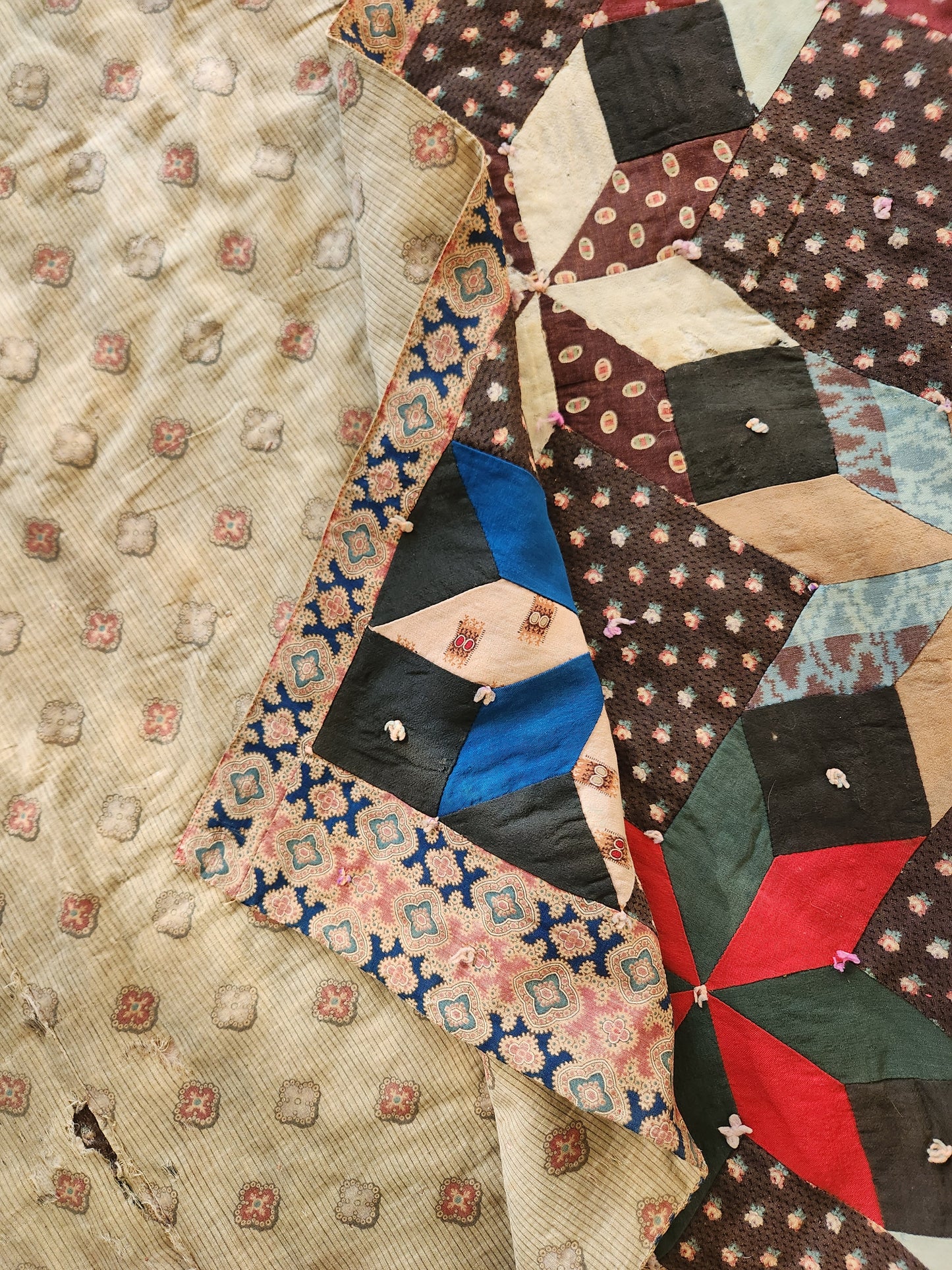 Antique 19th Century Woolen Crib Quilt Hand Tied Touching Stars