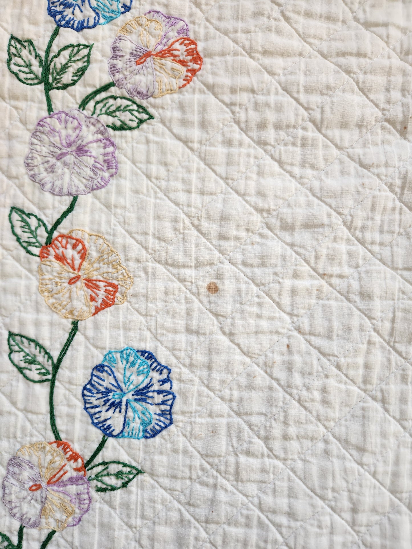 Vintage Pansy Embroidered Quilt c1940