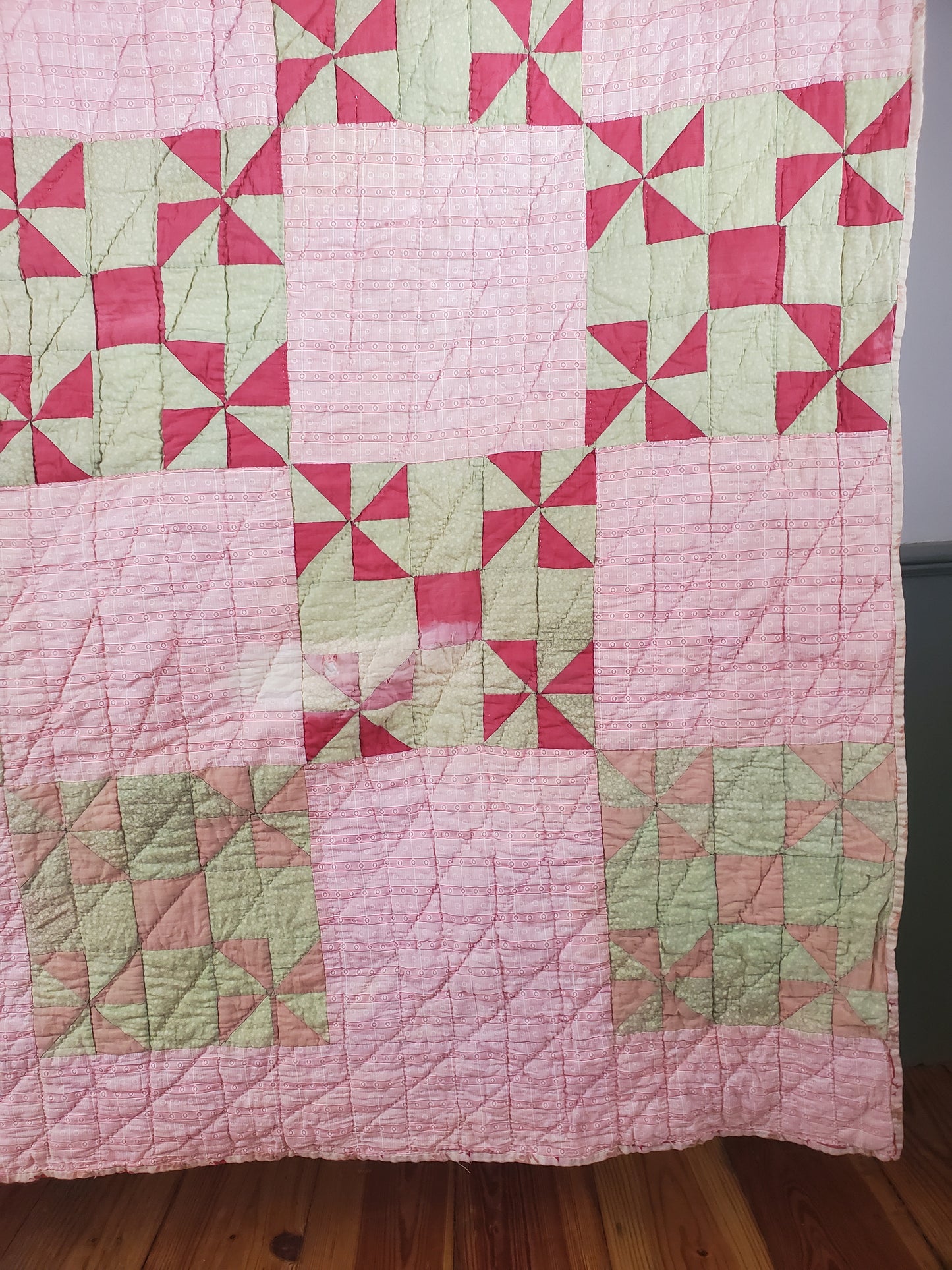 Hand Pieced Green, Pink, & Red Pinwheel Antique Quilt, 19th century