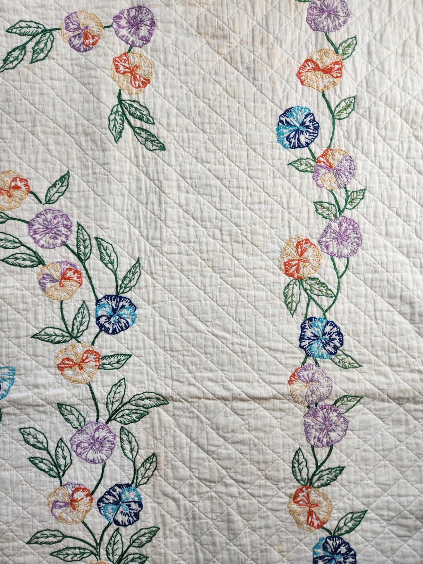 Vintage Pansy Embroidered Quilt c1940