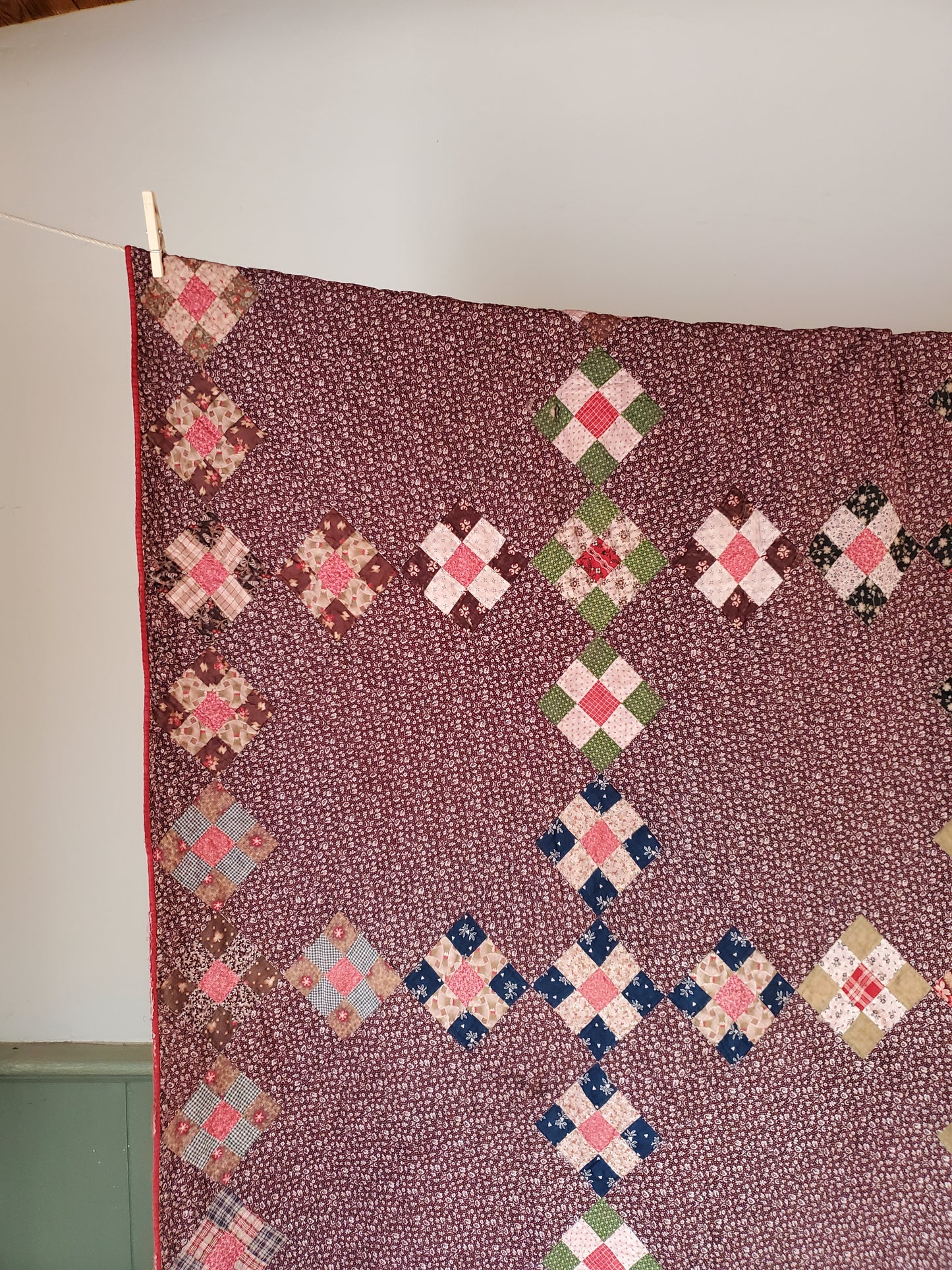 Antique Brown Calico 9 Patch Quilt, ca 1890